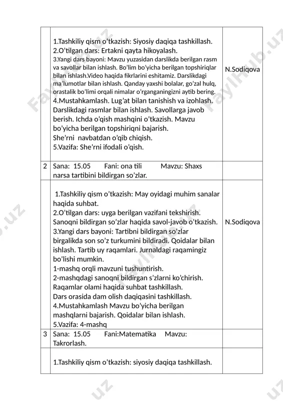 a o’quvchilar misollarni mustaqil bajarishga harakat qiladi. 1-misol orqali mavzuni tushuntirish. darslikda berilgan qoidalar bilan ishlash. 2-misolni mustaqil bajarish uchun berish. sport mavzusida suhbat o’tkazish. 4.mustahkamlash. darslikdagi rasmlar bilan ishlash. darslikdagi misol va masalarni o’quvchilar bilan birgalikda yechish. xat tahtasidan foydalanish. mashq daftaridagi misol va masalalarni bajarish. darsga faol qatnashgan o’quvchilarni rag’batlantirish. 5.vazifa: mashq daftaridagi 4-misol n.sodiqova