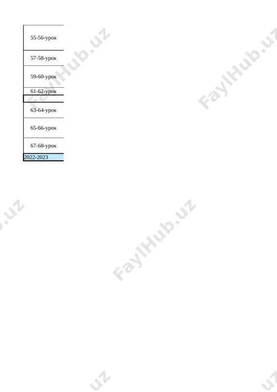 m 2 55-56-urok 21-prakticheskaya rabota. printsip raboti ustroystva "zummer" (rington). 22-prakticheskaya rabota. formirovanie notnix tonov s pomoshyu "zummer" 2 57-58-urok 23-prakticheskoe zanyatie. izgotovlenie ustroystva predoxranyayushego ot toksichnogo gaza. 2 59-60-urok 24-prakticheskoe zanyatie. upravlenie nasosa s pomoshyu drayvera motora "shield" i sensora opredelyayushiy vlajnost pochvi. kontrolnaya rabota №7 2 61-62-urok 25-prakticheskoe zanyatie. rabota s modulem bluetooth 2 iv glava. osnovi sotsialno-ekonomicheskix texnologiy (6 chasov) 63-64-urok rol tekstilnix izdeliy v interere. tsvetovaya gamma v tekstilnix izdeliyax. 1-proetnaya rabota. sozdanie interera gostinnoy komnati. 2 65-66-urok mir rasteniy v interere. interer kvartir i ofisov.kontrolnaya rabota №8 2 67-68-urok 2-proektnaya rabota. izgotovlenie dekorativnix tsvetochnix gorshkov dlya kuxonnoy polki 2 2022-2023 vsego: 68 chasov