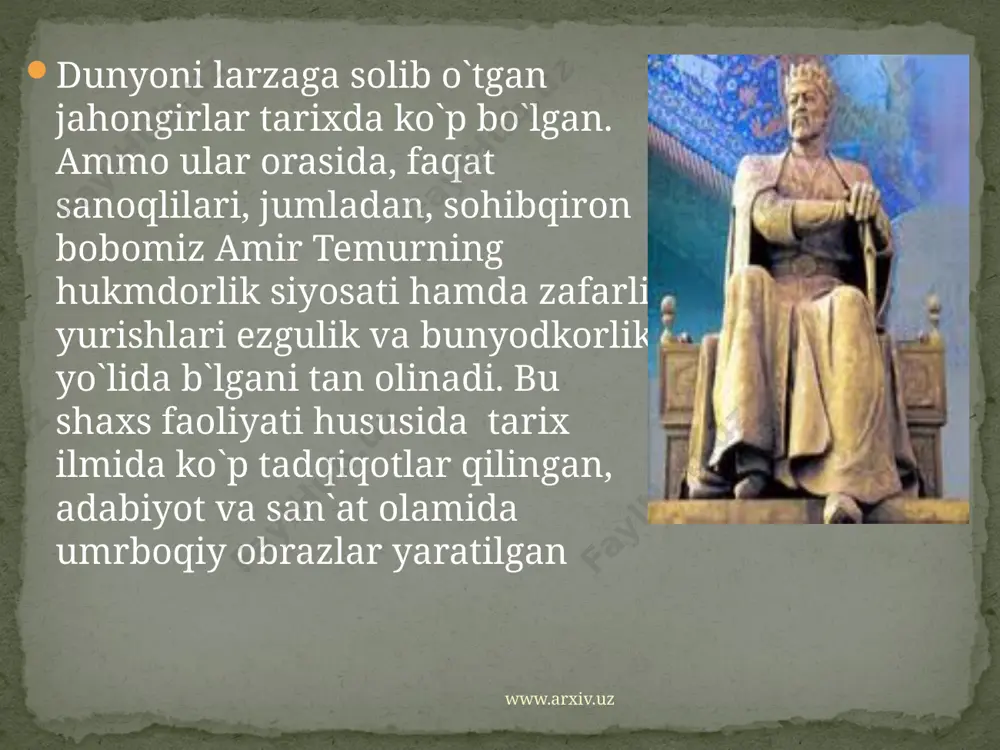 iri haqida yozib: beadad qo`shini bilan qancha-qancha yurtlarni tiz cho`ktirgan hukmdorlarni “qaxraton qishning sovuq bo`roni mag`lub etdi” deydi. www.arxiv.uz amerika romantizm adabiyotining yirik vakili edgard allan po “temur” va boshqa poemalar” to`plamida amir temur siymosining romantik talqini asosiy o`rin egallaydi. asarda ulug` hukmdor o`z kechmishlari tarixini keksa ruxoniyga hikoya qilib berar ekan, jangu jadallarda erishgan shon-shuhrati, zafarli yurishlari, bunyod etgan shaharlari, kechirgan lazzatli onlari-yu tortgan azob uqubatlari payoniga yetib borayotganini u ham dunyoga ustun bo`la olmaganini hasrat ila so`zlaydi va haq o`limni mardona qarshi olajagini aytadi. www.arxiv.uz xx asrda ham amir temur hayoti va faoliyati talay asarlarda badiy talqin etiladi. sobiq ittifoq “qalam ahli” kommunistik mafkura taziqi ostida bu qudratli shaxs obrazini tarixiy haqiqatga zid tarzda gavdalantiradi. bu davrda shuhrat qozongan s. borodinning “samarqand osmonida yulduzlar” romani ana shunday asar edi. g`arb adabiyoti vakillari esa o`z asarlarida amir temur qiyofasini haqiqatga mos yoki yaqin talqin qildi, tarixda tutgan o`rni holisona …