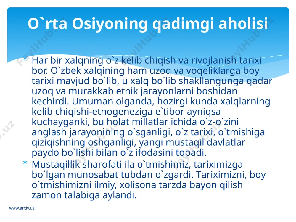aholi yashaydigan qishloqlarga yaqinlashib, erli xalq madaniy-xo`jalik yutug`lari ta`sirida yarim o`troq va ko`p hollarda o`troq turmush kechirishga, ular bilan iqtisodiy va madaniy aloqani kuchaytirishga muyassar bo`ldilar. natijada xorazm, farg`ona, so`g`dning katta qismida yashovchi turkiy qabilalar ular bilan aralashib ketdi. vi-viii asrlardagi etnik-madaniy jarayonlar xususida www.arxiv.uz vi asrning 60-70 yillarida xoqonlik qabilalari buxoro vohasi va hatto shimoliy afg`oniston hududlariga ham borib o`rnasha boshladilar. buning natijasida mahalliy aholi bilan o`zaro yaqinlashuv va qon-qarindoshchilik aloqalarining rivojlanishi jarayoni sodir bo`la boshladi. 603 yilga kelib turk xoqonligi uzil-kesil 2 qismga: sharqiy va g`arbiy qismlarga bo`linib ketadi. o`rta osiyodagi bir nechta kichik yarim mustaqil davlatlar g`arbiy turk xoqonligi tarkibida edi. www.arxiv.uz xoqon sheguy vafotidan keyin (618 y.) hokimiyatga kelgan to`n yabg`u (to`n bahodir) davrida g`arbiy xoqonlik yanada kuchayadi. bu jarayonni to`xtatish uchun hech bir siyosiy kuch maydonga chiqmadi. aksincha, mahalliy aslzodalar, ayniqsa, so`g`d zodagonlari turk xoqonlari himoyasida o`z savdo-sotiq ishlarini rivojlantirib, bu ishlardan juda katta daromad …