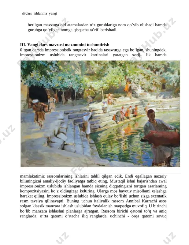 sovuq ranglarda ishlash vositasida asarlarida fazoviy keng- likni tasvirlashga erishgan. quyidagi tavsiya etilayotgan sxematik rasm- dan (11-rasm) foydalangan holda shunday manzarani tasvirlashga, rang surtmalarini puantilizm uslubida alohida-alohida berishga harakat qiling. puantilist rassomlar, o‘tgan darsda ta’kidlanganidek, toza rang surtmalarini to‘rtburchak va nuqtasimon shakllarda yonma-yon qo‘yib tasviriy san’at asarlari yaratganlar. manzaraga mavzu sifatida tabiatning o‘zingizga tanish boclgan ko‘rinishini tanlashingiz ham mumkin. namuna sifatida pavel benkovning “meshkobchilar” (9-rasm) nomli kartinasini tahlil qiling. unda rang surtmalari va ulardan hosil bo‘lgan ranglar gammasi yaqqol ko‘ri- nib turadi. quyida keltirilgan respublika rassomlik kolleji o‘quvchisining ishida puantilizm uslubi qo‘llanilgan. [image: ]9-rasm. pavel benkov. meshkobchilar. 10-rasm. puantilizm uslubida ishlangan natyurtmort. respublika rassomlik kolleji o‘quvchisining ishi. 11-rasm. manzara ishlashning sxematik tasviri. anibal karrachi (1560-1609) italiyaning bolone shahrida yashab ijod qilgan. tasviriy san’at asoslarini o‘rgatishning o'ziga xos maktabi- ni yaratgan. bu maktab aka-uka karrachilaming badiiy ta’lim maktabi deb ataladi. boloneda tasviriy san’at akademiyasini tashkil qilgan. uning nazariyalari akademik usulda tasviriy …