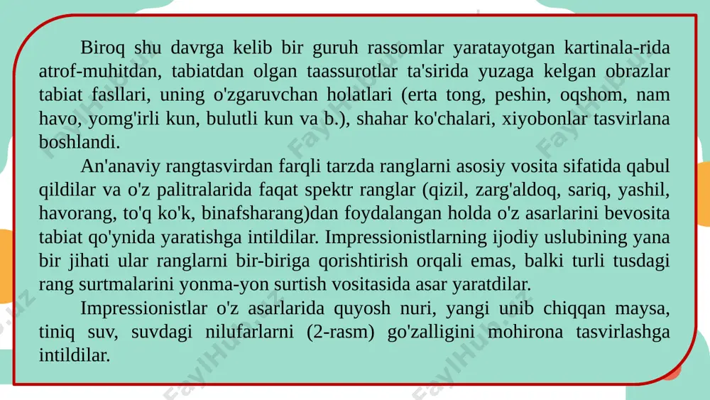 ­sionizm elementlarini ko'rish mumkrn. impressionizm jahon tasviriy san'ati tarixida yangi davr san'atining turli oqim va yo'nalishlari boshlanishiga yo'l ochib berdi. impressionizmdan keyin urf bo'lgan oqimlardan biri postimressionizm deb atalib, uning vakillari impressionistlarning tas­viriy usullaridan ilhomlanib, realistik tasviriy san'at qonuniyatlaridan oqilona foydalangan holda asosiy e'tiborni asarlarning falsafiy va ramziy ma'nosini ochib berishga intildilar 5-rasm. yanis salpinkidi. milliy matolar fonidagi guldasta rassomlar va tasviriy san'at ixlos-mandlari orasida alohida qiziqish uyg'otgan oqimlardan biri ishlanish uslubiga ko'ra puantilizm deb ataluvchi neoimpressionizm oqimi bo'ldi. bu oqimning asoschilari jorj sera, pol sinyak bo'lib, ular o'z asarlarini sof, toza spektr ranglar, ya'ni kamalakning yetti rangidan foydalanib, rang surtmalarini yonma-yon qo'yib rasm ishlash uslubini kashf etdilar. 6-rasm. dilyus mirsalimov. daraxt. ular qo'llagan rang surtmalari to'rtburchak va yumaloq shaklda bo'iganligi uchun ulaming ish uslublarini puantilistik uslub deb atadilar (puantilizm - fransuzcha "puantillisme" — nuqtalar bilan ishlash). o'zbekistonlik rassom dilyus mirsalimovning "da­raxt" nomli rangtasvir asari puantilizm uslubida ishlangan (6-rasm). bu …
