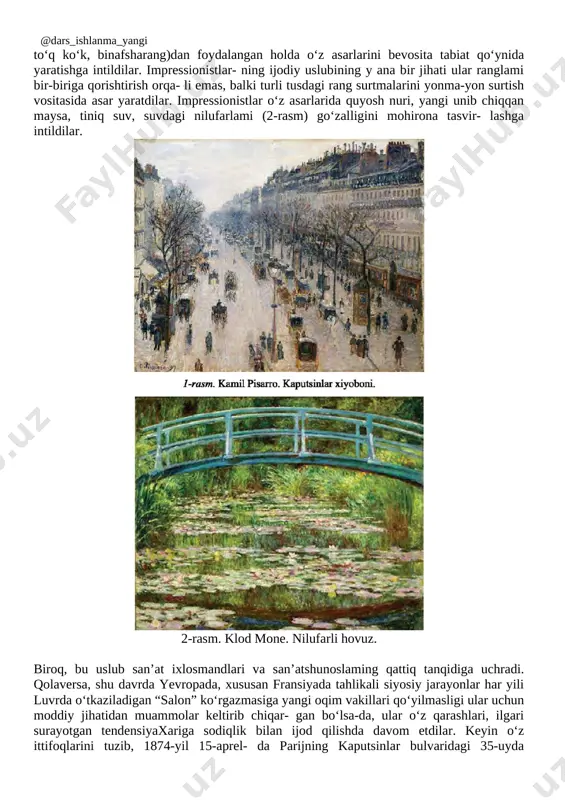 kil etdilar. unda klod mone, ogyust renuar, edgar dega, pol sezann, alfred sisley kabi rassomlar o‘z asarlari bi¬lan ishtirok etganlar. namoyish etilgan ishlar orasida klod monening aslida nomsiz bo'lgan, biroq ko‘rgazmaga osilayotganda renuarning ukasining taklifi bilan “quyosh chiqayotganidagi taassurot” deb nomlangan asari (3-rasm) ulami“taassurotchilar” (taassurot - fransuzcha “impression”) sifatida e’tirof eti- lishlariga sabab bo‘lgan. aslida “figaro” gazetasining jumalistlari ko‘rgazma haqidagi hisobotlarida bu so‘zni kinoya bilan ularga qo‘yil- gan laqab sifatida qo‘llaganlar. omma esa ulami impressionistlar deb atay boshlaganlar. shu tariqa 1874-yilning 15-aprelidan e’tiboran tasviriy san’at tarixida impressionizm oqimiga asos solingan. bu oqim tez ora- da yevropa, amerika, osiyo mamlakatlariga sezilarli ta’sir o‘tkazdi ham- da san’atda yangi oqim va yo‘nalishlami yuzaga kelishiga zamin yaratdi. [image: ] 3-rasm. klod mone. quyosh chiqayotganidagi taassurot. klod oskar mone (1840 - 1926). impressionizm oqimining asoschilaridan biri. u o‘z kartinalarida oddiy kishilaming hayoti, tabiat ko ‘rinishlarini kuzatuv asosida shakllantirgan taassurotlar asosida yaratgan. tasviriy san’at asoslarini ejen …