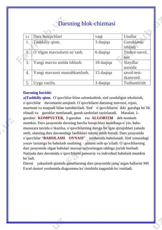 arning dars jarayonida jamg`argan ballarini ms excel dasturi yordamida diagramma ko`rinishida taqqoslab ko`rsatiladi. b a h o l a s h o y n a s i guruhlar shartlar kompyuter algoritm klaster tezkor javob faollashtiruvchi savolar faollashtiruvchi topshiriq bilimdon test savollari skanvord dars davomida yuqoridagi tabloga guruhlar jamg`arib borayotgan quyidagi baho tablichkalari joylashtirib boriladi.5 4 3 b) o`tilgan mavzuni so`rash. o`quvchilarning ma`naviy va o`tilgan mavzuga oid bilimlari mustahkamlanadi. ma`naviy bilimlarni mustahkamlash uchun “klaster” metodini qo`llash mumkin. savol: komil inson deganda kimni tushunasiz? topshiriq: tarmoqlar(uchburchaklar) ichiga komil insonga xos bo`lgan fazilatlarni yozing.(1 daqiqa). [image: ] guruhlarning to`plagan ballari “baholash oynasi” ga joylanadi. uy vazifasini so`rash va o`tilgan mavzularni mustahkamlash uchun power point dasturida tayyorlangan slaydlardan foydalanib, “tezkor javob” bahsini o`tkazish mumkin. (2 daqiqa). kompyuter guruhi uchun savollar: 1. kompyuter so`zining lug`aviy ma`nosi. 2. klaviatura kompyuterning asosiy qurilmasimi? 3. axborotlar ustida amallar bajarish mumkinmi? 4. 2 bayt necha bitdan iborat? 5. kompyuter …