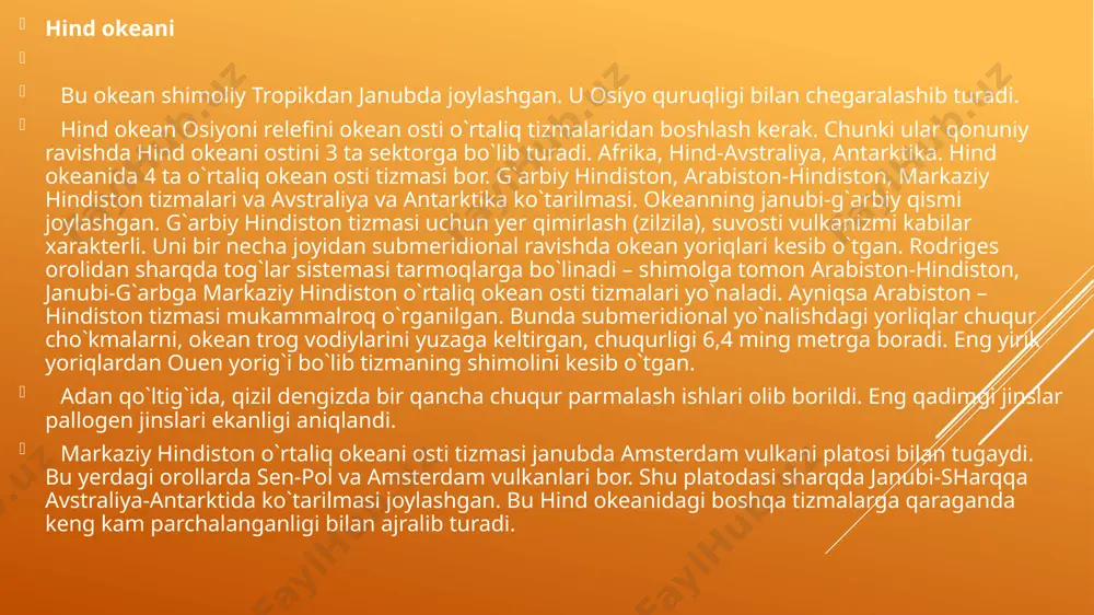 lan bog`liq. qishda ular janubiy tropik zonada ham shakllanadi. madagaskar, maskaren orollari atrofida, okeanning g`arbiy qismida yiliga 8 martagacha dovullar yuzaga keladi. atmosfera va suv tsirkulyatsiyasi iqlimi zonalligiga bog`liq holda havo haroratining okean yuzsining xamma yerida qonuniy o`zgarib borishga bog`liq. maksimum yog`in ekvatorial zonani sharqiy qismlari 2,5 ming mmdan oshadi. shu qishda bulutlilik ham yuqori darajada. eng kam yog`in janubiy yarim sharning tropik rayonlarida kuzatilib, okean sharqiy qismlarida yog`ingarchilik kam. shimoliy yarim sharda yilning asosiy qismida arabiston dengizi ustida ochiq ob-havo kuzatiladi. antarktika suvlari ustida maksimum bulutlilik qayd etilgan. okeanning shimolida musson tsirkulyatsiyasi mavsumiy oqimlar almashinishiga olib keladi. qishda janubi-g`arbiy musson oqimlari bengaliya qo`ltig`ida xosil bo`ladi. 100 shimoliy kenglikdan janubda g`arbiy oqimga aylanadi. nikobar orollaridan to sharqiy afrika qirg`oqlarigacha okeanni kesib o`tadi. uni bir tarmog`i qizil dengizda, boshqasi janubga to 100 janubiy kenglikkacha boradi. so`ngra sharqiy yo`nalishga o`tadi. ekvatorial oqim qarshi oqimni shakllantiradi. bu oqim ham okeanni sumotra oroligacha kesib …