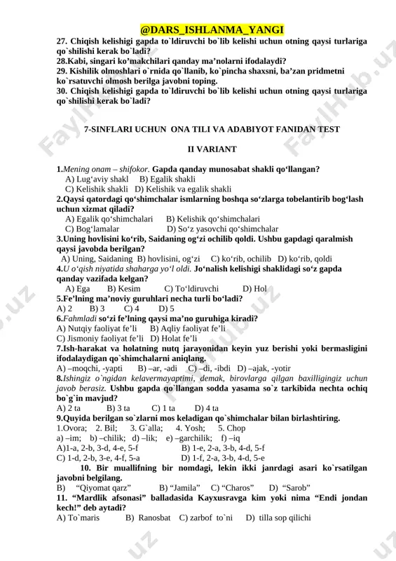 an qaysi yolg`on gapidan so`ng “alanglab qoldi”? a) “mening ham fikrim shu, boshqa xizmatkorlaringizning ham fikri shuki, o't ombordan o'tgan bo'lsa kerak” . b) “kenjatoy o'g'lingiz bo'riboyvachcha, terakka chiqib, chumchuq bolasini olaman deb, yiqilib tushib, bir marta «dada» dedi-yu, «g'iyq...» etib jon berdi”. c) “harom o'lgan otning go'shtini ko'p yeb qo'ygan ekan, bo'kib o'ldi”. d) “ha, o'zimizning to'riq qashqaning go'shtini yeb o'ldi-da, begona ot emas”. 17. “urushning so`nggi qurboni” hikoyasidaagi barcha voqealar qaysi fasllarda yuz beradi? a) faqat kuzda b) kuz va bahorda c) kuz, bahor va qishda d) yoz, bahor,kuzda 18. nasriy she’rnning asosiy belgilarini aniqlang. 1.ma’lum vazn va qofiyaga ega emaslik 2.ramziy tasvir uslubining ustunligi va fikriy umumlashmaning kuchliligi 3.hayajonning balandligi va ritorik qaytariqlarning ko’pligi 4.o’ziga xos ritmik tuzilishi va pauzalarning ko’pligi a) 1,2,3,4 b) 1,3,4 c) 3,4 d) 2,4 19. bir muallifning bir nomdagi, lekin ikki janrdagi asari ko`rsatilgan javobni belgilang. 1. “qiyomat qarz” b) “jamila” c) …