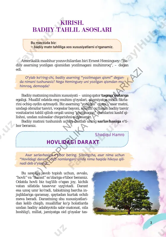 tik, tanasi va shoxlari esa rahmatli bobomning hassasiday sip-silliq edi. daraxtning kishini hayratga soladigan bir jihati bor edi. u yilda ikki marta – bahor bilan kuz boshlarida gullar, biroq meva tugmas edi. bahorda daraxtning bikarang g‘uj-g‘uj g‘unchalari hovlimizga o‘zgacha fayz baxsh etar, uning shoxidan qushlar arimas edi. kuzning boshlarida gullashi chindan ham hayratomuz edi, odam- lar bunday paytda uning atrofi da o‘ralashib: “nahotki, daraxt ham kuzda gullasa”, – deya ko‘zlariga ishonmay, qo‘llari bilan nafi s g‘un- chalarni ushlab-ushlab ko‘rishar edi. yana shunisi qiziqki, hech kim, hatto otam ham uning qanaqa daraxt ekanini bilmas edi. biz – bolalar uning ensiz kichik bargla- riga, tekis shoxlariga qarab gilosga o‘xshatardik va o‘zimizcha uni gilos deb atardik. aslida gilos emasligini bilardik... daraxt otamga bobomeros yodgorlik hisoblanar, shu sababli uni nihoyatda avaylar- di. va bizdan ham shuni qattiq talab qilardi. v j b namuna (c) r espublik a ta'li m m arkazi 5 bundan tashqari, …