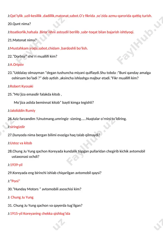adi? j:1946-yil 36.”ishbilarmon,mardlik va shijoat sohibi,azmi qat’iy tadbirkor va hushyor bir kishi ming-minglab tadbirsiz,loqayd kishilardan yaxshidir” so’zlari kimga tegishli? j:amir temur 37.”o’tgan hayotingni o’z mualliming deb bil” fikri kimga tegishli? j:abu mansur moturidiy 38.yer yuzida yiliga qancha ko’mir yoqiladi? j:20 milliard tonnadan ziyod 38.yer yuzida yiliga qancha neftni yonilg’i sifatida ishlatamiz? j:2.5 mlrd tonna 39.bitta transatlantik havo laynerining parvozi qancha kislorodni yo’q qiladi? j:50 tonna 40.atmosferani zaharlaydigan moddalarning necha %i transportdan,necha %i yoqilg’ilardan ,necha %i ishlab chiqarish jarayoni na necha %i boshqa manbalardan chiqadi? j:40%,20%,15%,25% 41.1960-yillarda orolbo’yi havzasida yiliga qancha baliq ovlangan? j:35 ming tonna 42.1960-yillarda dunyoda eng katta dengizlar qaysilar edi? j:1.kaspiy dengizi. 2.viktoriya dengizi.3.yuqori ko’l 4.orol dengizi. 43.orol dengizining qurib bitgan qismidagi orolqum sahrosining maydoni qancha? j:5.5 million gektar 44.hozirgi kunda orol dengizining sho’rlanish darajasi qanchaga yetdi? j:25 daraja 45.amudaryo va sirdaryo suvining quyiladigan umumiy hajmi keying 50 yil ichida … barobar,orol dengizining suvi esa… barobardan ko’proq kamaydi.nuqtalar …
