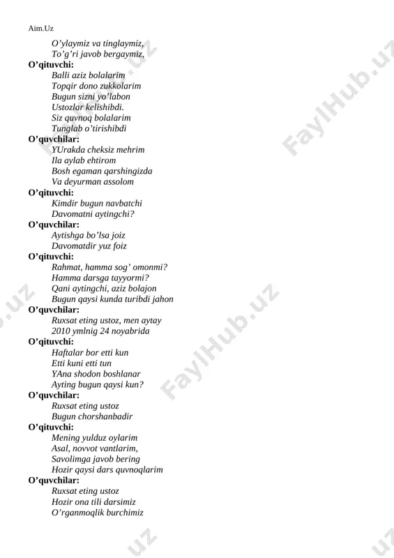 aysi dars quvnoqlarim o’quvchilar: ruxsat eting ustoz hozir ona tili darsimiz o’rganmoqlik burchimiz asqotishin bilamiz o’qituvchi: ona tili nedir o’zi? bordir kimning dil so’zi? o’quvchilar: ona tilim, onajonim tili bu, beshikdanoq singan quloqqa el-u yurtim xonumonim tili bu, qadimlikda o’xshar ona tuproqqa o’qituvchi: qani tili biyronlar vatan degani nima? o’quvchilar: vatan – tug’ilgan joyim, vatan – ona tuprog’im, vatan – ilm maskanim, yayrab, quvnab o’sganim. vatan hamma hammasi vatan ona allasi o’qituvchi: prezidentimiz i.a.karimov 2011-yilni qanday yil deb nomladilar? o’quvchilar: “kichik biznes va xususiy tadbirkorlik yili” deb nomladilar. o’qituvchi: balli aziz bolalarim endi darsimizni boshlasak “bilim – kuch va tafakkarda” deya uni nomlasak darsimizni boshlashdan avval enerjayzer mashqi orqali guruhlarga bo’linib olsak. o’quvchilarning o’quvchilarning qulog’iga “barkamol avlod”, “sog’lom avlod”, “istiqlol g’unchalari”, “istiqlol farzandi” degan so’z birikmalari aytib chiqiladi. o’quvchilar o’zlari aytilgan so’z ostida birlashib, guruhlarga bo’linadi. i guruh “barkamol avlod” ii guruh “sog’lom avlod” iii guruh “istiqlol g’unchalari” iv guruh …
