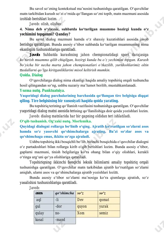 ib tushunishga qaratilgan savol asosida suhbat oʻtkaziladi. 1. suhbat nima haqida edi? bu savol dialog mazmuni tushunishga qaratilgan. oʻquvchilar dialogdan qanday mazmun chiqarganlarini oʻz tushunchalari asosida matn bilan asoslab aytib berishlari lozim. oʻqituvchi oʻquvchilar fikrini tinglagach, fikrlarini toʻldirib dialog mazmunini tushuntirib berishi maqsadga muvofiq. 2. suhbatdoshlar nimadan kuyinib gapirishmoqda? bu savol matndagi maʼlumotlarni integratsiya qilib, yaxlit xulosa chiqarishga qaratilgan. oʻquvchilar berilgan maʼlumotlar asosida oʻz fikrlarini asoslab aytib bera olishlari lozim. savolning javobini dialogning 8, 13, 10 raqamlari ostidagi maʼlumotlardan yaqqol anglash mumkin. 3. qaysi soʻz kurash soʻziga maʼnodosh sifatida qoʻllangan? bu savol soʻzning kontekstual maʼnosini tushunishga qaratilgan. oʻquvchilar matn tarkibidan kurash soʻzi oʻrnida qoʻllangan soʻzni topib, matn mazmuni asosida izohlab berishlari lozim. javob: olish, olishuv. 4. nima deb oʻylaysiz, suhbatda koʻtarilgan muammo hozirgi kunda oʻz yechimini topganmi? qanday? bu savol dialog mazmuni hamda oʻz shaxsiy kuzatishlari asosida javob berishga qaratilgan. bunda asosiy eʼtibor suhbatda koʻtarilgan muammoning nima ekanligini tushunishlariga qaratiladi. …