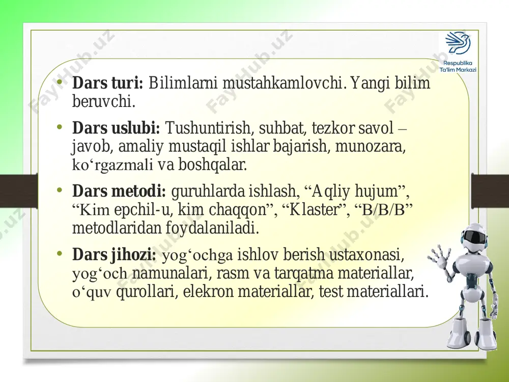 lishiga qarab tana va dastalar hoshiyalanadi. hoshiyalash ponasimon qilib tayyorlangan qattiq yog‘ochni silliqlangan sirtga, stanok yurib turgan vaqtda bosib tutish bilan kuydirib gul solish (halqa hosil qiladi) dan iborat (ponasimon qattiq yog‘ochni aylanib turgan yog‘och bilan ishqalanishi natijasida silliqlangan sirt kuyib halqa-hoshiya hosil bo‘ladi). ba’zan hoshiyalar rangli bo‘yoqlar bilan ham tushiriladi. jo‘valar hoshiya- halqalarning soni, o‘lchami qanday sifat berilishiga qarab tushiriladi. jo‘vaning sirtini bo‘yash, loklash tavsiya etilmaydi. chunki jo‘vaga yopishgan xamirni tozalash vaqtida lok-bo‘yoq pardalari ko‘chib ketadi. chakich. tol, terak, tut, akatsiya, chinor shoxlaridan olingan g‘o‘lalardan tayyorlanib, katta-kichikligiga qarab non chakich, patir chakichlarini bir-biridan farq qilinadi. chakichlar qisqa o‘lchamli bo‘lganligi uchun yakka tartibda ryumka-patron yordamida, ko‘plab markazlar orasida tayyorlanadi. chakich ryumka-patron yordamida donalab tayyorlanganda kerak o‘lchamdagi g‘o‘la olinib patronga qoziq qilib qoqiladi va vint yoki burama mix bilan qotiriladi. yog‘och diametrini 70 mm ga keltirib yo‘nilgandan so‘ng dasta qismi rejalanib, uni 70 mm uzunlikda diametrini 25 mm ga keltirib yo‘niladi. …