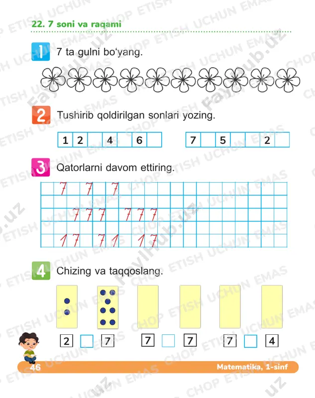 bo‘ling. siz nechta usuldan foydalandingiz? 3 + = 6 + 3 = 4 + = 2 + 6 = 8 7 + 1 = 8 3 + 5 = 8 4 5 3 2 6 13 tish uchun emas chop e chop etish uchun ema chop etish uchun ema chop etish uchun emas chop etish uchun emas chop etish uchun emas chop etish uchun emas chop etish uchun emas chop etish uchun ema chop etish uchun ema chop etish uchun ema chop etish uchun emas chop etish uchun emas chop etish uchun emas chop etish uchun emas chop etish uchun emas chop etish uchun emas chop etish uchun emas chop etish uchun emas chop etish uchun emas 50 matematika, 1-sinf • • • • • 24. 9 soni va raqami 9 gacha to‘ldiring. rasm bo‘yicha misollar tuzing. qatorlarni davom ettiring. bo‘sh katakchalarni to‘ldiring. 4 + 5 = 3 1 7 …