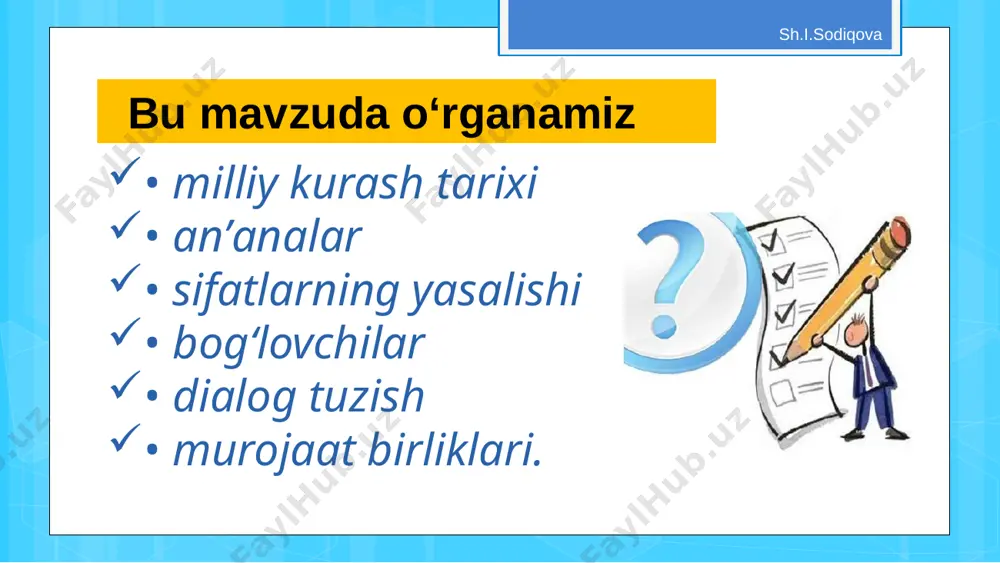 adi: suvsiz hovuz – suvi yo‘q, suvsiz olma – suvi kam. bilib oling! uyga vazifa sh.i.sodiqova quyidagi jadvalga moslab so‘zlar yozib keling. bunda ‘‘+’’ belgisi o‘sha narsa bor ekanini, ‘‘–’’ esa yo‘q ekanini anglatadi. + - aqlli aqlsiz image2.png image3.png image4.png image5.png image6.png image7.png image8.jpeg image9.png image10.png image11.png image12.png image13.png image14.png image15.png image16.png image17.png image18.png image19.png image20.jpeg image21.png image22.png