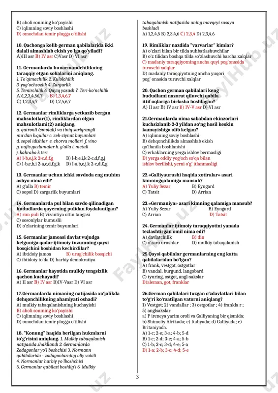o'li bilan c) kitob bosish dastgohi d) olimlar 21.__ ...(1)asrda xitoyda, ..........(2)asr o'rtalarida yevropada kitob bosish dastgohlari yaratildi? a) 1) x asr 2) xiv asrda b )1) xi asr 2) xv asrda c) 1) xii asr 2)xvi asrda d) 1) xiii asr 2) xvii asrda 22. qaysi omil natijasida yozma manbalar soni keskin ko'payadi? a) qog'ozning yaratilishi b) xattotlar ko'payishi c) alifboning yuzaga kelishi d) kitob bosish dastgohlarining yaratilishi 23. g'arbiy rim imperiyasining so'nggi imperatorini aniqlang? a) rem avgustul b) romul avgustul c) odakr d) oktaviy avgustul 24. g'arbiy rim imperiyasiga qarshi so'nggi isyonni va rahbari qaysi xalqdan bo'lganini aniqlang? a) 476-yil, britdar b) 486-yil franklar c) 476-yil germanlar d) 475-yil germanlar 25. kimning talabi bilan rimning g'arbiy qismiga imperator kerak emasligi e'lon qilindi? a) ramul avgustul b) rem avgustul c) odakr d) konstantin 26. qaysi organ tomonidan rimning g'arbiy qismiga imperator kerak emasligi e'lon qilingandi? a) sharqiy rim imperiyasi …