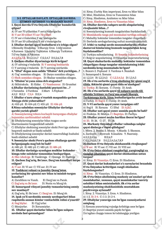 r hokimi”. c) “tuman hokimi”d) “qishloq hokimi”. 13. ilk o’rta asrlarda mulkdor tabaqa qanday atalgan? a) kadivar b) kashovarz c) chokar d) dehqon 14. ilk o’rta asrlarda qishloqning dehqonlarga qaram aholisi qanday atalgan? a) kadivar b) kashovarz c) chokar d) dehqon 15. ilk o’rta asrlarda ziroatchi oddiy qo’shchilar qanday atalgan? a) kadivar b) kashovarz c) chokar d) dehqon 16. ilk o’rta asrlarda dehqon mulkini qo’riqlovchi, harbiy posbon qanday atalgan? a) kadivar b) kashovarz c) chokar d) dehqon 17 . v asrning o’rtalariga kelib.... a) ziroatkor vohalardagi obikor yerlarning asosiy qismi mulkdor dehqonlar qaramog'iga o’tdi. b) ziroatkor vohalardagi obikor yerlarning asosiy qismi mulkdor dehqonlar tomonidan kadivarlarga ijaraga berilar edi c) ziroatkor vohalardagi obikor yerlarning asosiy qismi mulkdor dehqonlar tomonidan kashovarzlarga ijaraga berilar edi d) ziroatkor vohalardagi obikor yerlarning asosiy qismi hali ham qishloq jamoalarining qaramog'ida edi. 2-§. ilk o‘rta asrlarda xorazm, xioniylar, kidariylar davlatlari 1. qang’ davlatidan birinchi bo’lib qayer ajralib …