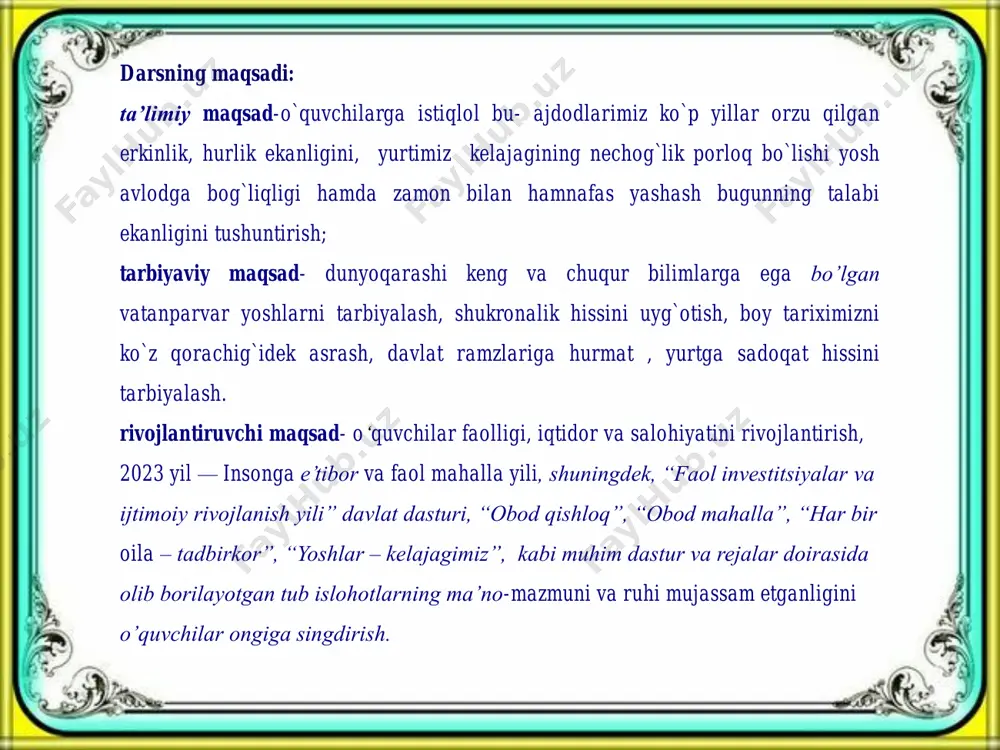 ton respublikasi davlat mustaqilligining oʻttiz ikki yillik bayramiga tayyorgarlik koʻrish va uni yuqori saviyada oʻtkazish toʻgʻrisida”gi qarorni imzoladi. qarorda keltirilishicha, aynan 1991-yil 31-avgust kuni xalq oʻz vatani, taqdiri va kelajagiga oʻzi egalik qilish huquqini qoʻlga kiritgan. dunyo xaritasida oʻzbekiston respublikasi – yangi suveren va mustaqil davlat paydo boʻlgan. yangi oʻzbekistonning bugungi taraqqiyot darajasi, shonu shuhratiga mos holda munosib kutib olish va yuksak saviyada nishonlash maqsadida: • oʻzbekiston davlat mustaqilligining oʻttiz ikki yillik bayramiga tayyorgarlik koʻrish va uni oʻtkazish boʻyicha respublika komissiyasining tarkibi; https://uza.uz/uz/posts/ozbekiston-respublikasi-davlat-mustaqilligining-ottiz-ikki-yillik-bayramiga-tayyorgarlik-korish-va-uni-otkazish-togrisida_506379 • “yangi hayot uchun, yangi oʻzbekiston uchun!” degan bosh gʻoyani oʻzida mujassam etgan tashkiliy-amaliy, maʼnaviy-maʼrifiy tadbirlar hamda targʻibot-tashviqot ishlari dasturi tasdiqlandi. bayramga tayyorgarlik ko‘rish uchun “yangi hayot uchun, yangi o‘zbekiston uchun!” degan bosh g‘oyani o‘zida mujassam etgan dastur tasdiqlandi. toshkent, 29-iyul — sputnik. o‘zbekiston davlat mustaqilligining o‘ttiz ikki yillik bayramiga tayyorgarlik ko‘rishni boshlaydi. bu haqda 28-iyul kuni prezident tomonidan imzolangan tegishli qarorda nazarda tutilgan. hujjatga ko‘ra, “yangi …