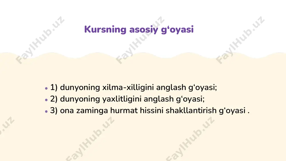 lari: umurtqasizlar va umurtqalilar. umurtqali hayvonlar: baliqlar, amfibiyalar, sudraluvchilar, qushlar, sutemizuvchilar. bakteriyalar nima? nima uchun hayvonlarni himoya qilish kerak? o‘simliklarning xilma-xilligi: o‘tlar, butalar va daraxtlar. o‘simliklarning unib chiqishidan to nobud bo‘lgunga qadar hayoti. o‘simlik urug‘lari. himoya qilinadigan o‘simliklar. 3- sinf 2-bob. men va sayyoralar (14 soat) kosmos, yulduzlar va sayyoralar. quyosh tizimi. yer sayyorasi. astronomik va kalendar yil. vaqt. kunlar, oylar. o‘simliklar va hayvonlarning fasllarga bog‘liqligi. ob-havo, yog‘ingarchilik turlari. tabiatdagi suv aylanishi. harorat. sayyoradagi sovuq joylar. sayyoradagi eng issiq joylar. 3- sinf 3-bob. tabiatdagi moddalar (20 soat) yer yuzasi. suv yo‘llari, tog‘lar. tabiiy ofatlar. tog‘ boyliklari: foydali qazilmalar. biz moddalarni o‘rganamiz. havo, suv, metallar va metall bo‘lmaganlar. tabiiy resurslar. yerni qanday himoya qilish kerak. ekologiya haqida hamma narsa. nur nima. nega ko‘ramiz. ovoz nima. nega eshitamiz. energiya nima. energiya o‘zgarishlari. issiqlik va sovuqlik. nima uchun ob'ektlar qizib ketadi? shishani qanday sovutish kerak. 4-bob. tabiatdagi fizik kattaliklar ( 7 soat ) …