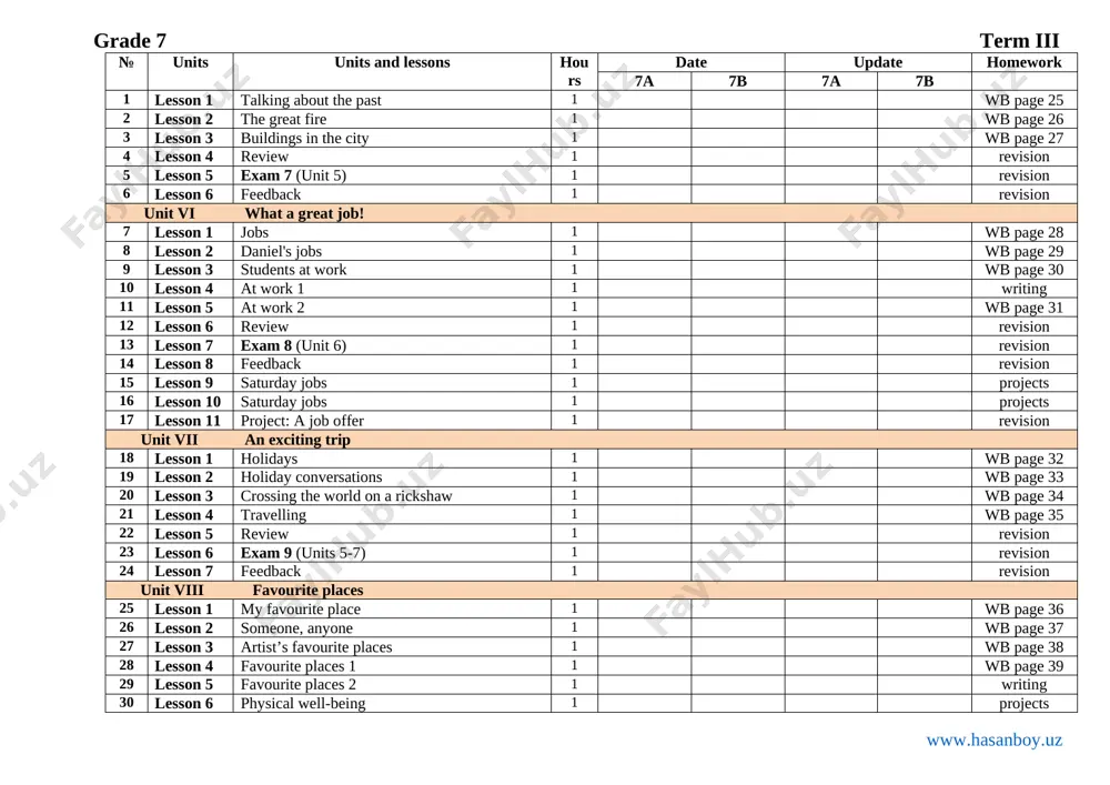 43 11 lesson 5 review 1 revision 12 lesson 6 exam 11 (unit 9) 1 revision 13 lesson 7 feedback 1 revision unit x buying things 14 lesson 1 shopping 1 wb page 44 15 lesson 2 quantities 1 wb page 45 16 lesson 3 two young entrepreneurs 1 wb page 46 17 lesson 4 at the shopping centre 1 wb page 47 18 lesson 5 a story 1 writing 19 lesson 6 shopping survey 1 1 projects 20 lesson 7 shopping survey 2 1 projects 21 lesson 8 review 1 revision 22 lesson 9 exam 12 (units 8-10) 1 revision 23 lesson 10 feedback lesson 1 revision 24 lesson 11 project presentations 1 revision ushbu ish rejaning kundalik varianti, konspekti, 1-soatlik dars ishlanmalari, nazorat ishlari, darslik audiolari va qo’shimcha materiallarni to’liq holda olish uchun telegramdan @hasanboy_uz yoki +99891 1800985 telegram raqamiga bog’laning. web-sayt: www.hasanboy.uz telegram kanal @uzteachers www.hasanboy.uz
