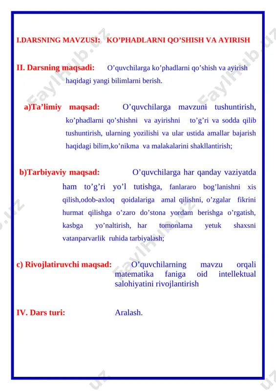 nk2 + 4nm 2) 1.2a3b4 + 3.4a2 -3a5 ko'phadning hadlari: 1) 5nm2 , – 3m2k ,– 7nk2 , 4nm 2) 1.2a3b4 , 3.4a2 ,3a5 bo'ladi. mavzu: ko’phadlarni qo’shish va ayirish. o’lchamlari 8-rasmda ko’rsatilgan uchburchakni qaraymiz. uning perimetri tomonlar uzunliklarining yig’indisiga teng: p=(2a+3b)+(4a+b)+(2a+4b). b bu ifoda quyidagi uchta ko’phadning yig’indisidir: a 2a+3b, 4a+b, 2a+4b. a qavslarni ochish qoidasiga ko’ra bunday yozish mumkin: a p= 2a+3b + 4a+b + 2a+4b. a o’xshash hadlarni ixchamlasak, p = 8a+8b ko’phadlarning istalgan algebraic yig’indisi ham xuddi shunga o’xshash soddalashtiriladi,masalan, (2n2-m2)-(n2-m2+3q2)=2n2-m2-n2+m2-3q2 =n2-3q2; (3ab-4bc)+(bc-ab)-(ac-3bc)=3ab-4bc+bc-ab-ac+3bc=2ab-ac. bir nechta ko’phadlarni qo’shish va ayirish natijasida yana ko’phad hosil bo’ladi. bir nechta ko’phadning algebraic yig’indisini standart shakldagi ko’phad ko’rinishida yozish uchun qavslarni ochish va o’xshash hadlarni ixchamlash kerak. ba’zi ko’phadlarni yig’indisi yoki ayirmasini sonlarni qo’shish va ayirishga o’xshash «ustun» usulida toppish qulay bo’ladi.bunda o'xshash hadlar birining ostiga ikkinchisi turadigan qilib yoziladi,masalan, yangi mavzuni mustahkamlash 1-topshiriq:262-misol.ko’phadlarning algebraik yig’indisini toping. [image: ] guruhlardan bittadan …