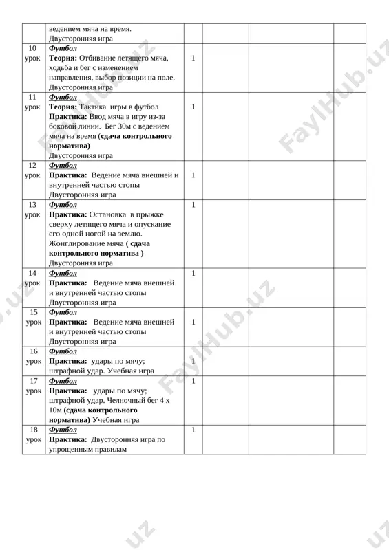. teoreticheskie znaniya v protsesse urokov 2. gimnastika 3. legkaya atletika 4. sportivnie igri (isxodya iz usloviy shkoli vibirayutsya 2 vida igr) + + + + + + + + + + + + + + 5. futbol 6. kurash 7. shaxmati № uroka temi kol chas data provedeniya domashnee zadanie primech 19 urok sportivnie igri - basketbol, voleybol, gandbol (isxodya iz usloviy shkoli vibirayutsya 2 vida igr) praktika: basketbol - vipolnenie povorotov s myachom nazad i vpered; vedenie myacha i ostanovki dvustoronnya igra s primeneniem razlichnix elementov basketbola. voleybol – nijnyaya pryamaya podacha, priem i peredacha myacha gandbol - brosok myacha v zadannuyu zonu vorot s 7 m linii. vedenie myacha na skorosti 1 20 urok sportivnie igri - basketbol, voleybol, gandbol (isxodya iz usloviy shkoli vibirayutsya 2 vida igr) praktika: basketbol - vibivanie i otbor myacha u sopernika. zabros myacha izuchennimi sposobami pravoy i levoy rukoy ot plecha …