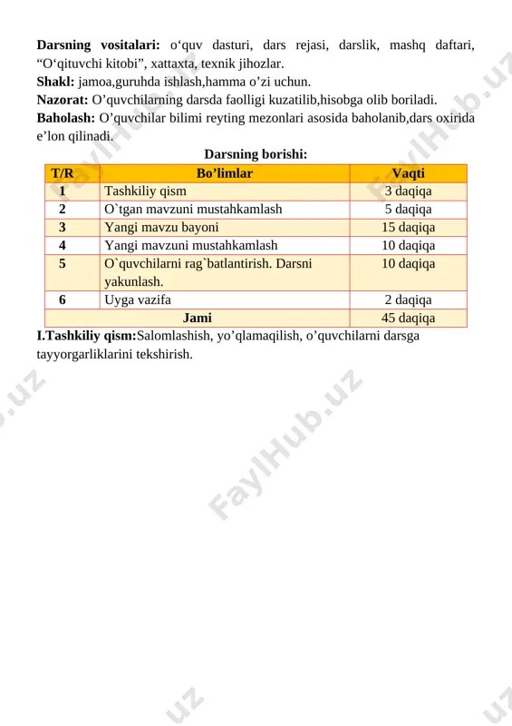 borishmi? mehmon bo’lish yaxshida bo’limidan oldingi bo’lim yelpig’ich metodi orqali mustahkamlab ketiladi [image: ] iii.yangi mavzu bayoni: mehmon bo‘lish odobi xadicha mehmonga borishni juda yaxshi ko‘radi. u ko‘pincha ota-onasi bilan bobosinikiga boradi. ularni ko‘rgan bobosi ham xursand bo‘ladi. mehmonlar uchun tuzalgan dasturxon noz-ne’matlarga to‘lib ketadi. bobosining aytishicha, mehmondo‘stlik – xalqimizga xos odat. [image: ] mehmonda o‘zini tutishiga qarab, bolaning odobi haqida bilib olish mumkin ekan. buni xadichaga bobosi aytgan. masalan, odobli bola dasturxonga o‘tirishdan avval, albatta, qo‘llarini yuvadi. yoshi kattalardan oldin taomga qo‘l uzatmaydi. ovqatni o‘ng qo‘l bilan o‘z oldidan yeyish, luqmani shoshilmay, og‘izni yumib chaynash ham odob belgisi hisoblanadi. aqlli bola taom tayyorlaganlarga rahmat aytishni uyda ham, mehmonda ham unutmaydi. kamola sodiq qizi 1 xadicha nima uchun mehmonga borishni yoqtiradi? 2 noz-ne’matlarga to‘la dasturxon qanday bo‘ladi? 3 mehmondo‘stlik nima? 4 mehmon bo‘lish odobi haqida nimalarni bilib oldingiz? 5 ajratib ko‘rsatilgan so‘zlarning ma’nosini lug‘atdan toping. 6 siz ham ota-onangiz bilan …