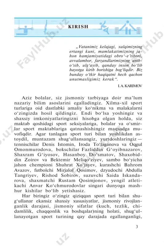 ak, siz oldingizga qo‘ygan vazifaga to‘liq erishishingiz uchun mashqlar- ni muntazam bajarib turishingiz zarur. kundalik mashq- lar sizning organizmingizni mustahkamlaydi, irodang- izni toblaydi, qiyinchiliklarni yenga olish qobiliyating- izni rivojlantiradi. 5 i bo‘lim sog‘lig‘ingiz haqida suhbaòlashamiz o‘zini his qilish, ishtaha, uyqu. har bir inson, yo- shidan qat’i nazar, sog‘lom bo‘lishni istaydi. shunday ekan, o‘zingizning jismoniy holatingiz va sog‘lig‘ingizni mustahkamlashga qancha erta kirishsangiz, kelgusida hayotingizni ishonchli, mazmunli va bexavotir serqirra bo‘lishini ta’minlaysiz. bo‘lmasa ishni „nimadan bosh- lash kerak? qanday qilib toliqishning oldini olish va mashg‘ulotlarni to‘g‘ri tashkil etish kerak?“ degan haqli savollar o‘zingizda tug‘iladi. buning uchun, avvalo, organizmning hayotiy muhim tizimlari — yurak-qon tomir faoliyatini va nafas olishni rivojlantirishga yor- dam beruvchi jismoniy mashq turlari bilan muntazam shug‘ullanib turishingiz zarur. kundalik mashqlar siz- ning organizmingizni mustahkamlaydi, irodangizni toblab, qiyinchiliklarni yenga olish qobiliyatingizni ri- vojlantiradi. demak, doimiy ravishda yurish, yugurish, suzish, turizm, gimnastik mashqlar bilan shug‘ulla- nishni yo‘lga qo‘yish darkor. ular qad-qomatni, gav- …