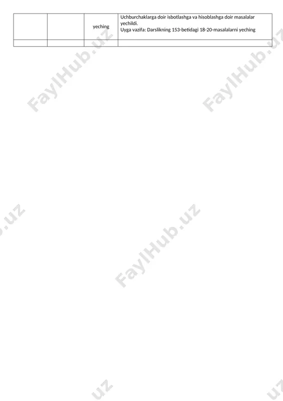 hlandi. isbotlashga doir masalalar ko'rildi. uyga vazifa: darslikning 149-betidagi 5, 6, 7-masalalar 5.05.2020 o‘tilgan mavzularga doir masalalar yechish 150-betdagi 1-2-topshiriqlar mavzu:o‘tilgan mavzularga doir masalalar yechish. darsni tajribali o‘qituvchi shaxnoza yusufjonova o‘tdilar. o‘qituvchi dars jarayonida ,,o‘z-o‘zini baholash" metodidan foydalandilar. barcha o‘tilgan mavzuga oid masalalarni birma-bir o‘rgatdilar. dars so‘nggida o‘quvchilarni yig‘gan ballariga qarab baholarini aniqlab berdi. uyga vazifa 150-betdagi 1-2-topshiriqlar 7.5.2020 masalalar yechish 152 betdagi 4,5,10,11 masalalar mavzu: masalalar yechish. o‘qituvchi:shaxnoza yusufjonova. masalalarni yechishdaeng ahamiyatli 4 ta bosqichni esga olindi -tushunish -rejalashtirish -yechish -tekshirish darslikdan mavzuga doir masalalar ishlandi.mustaqil ishlash uchun masalalar berildi. uyga vazifa: 152 betdagi 4,5,10,11 masalalar 12.05.2020 masalalar yechish darslikning 153-betidagi 18-20-masalalarni yeching #7sinf #12may #geometriya mavzu: masalalar yechish o'qituvchi: shahnoza yusufjonova uchburchak burchaklariga doir sinov mashq savollari berildi. uchburchaklarga doir isbotlashga va hisoblashga doir masalalar yechildi. uyga vazifa: darslikning 153-betidagi 18-20-masalalarni yeching