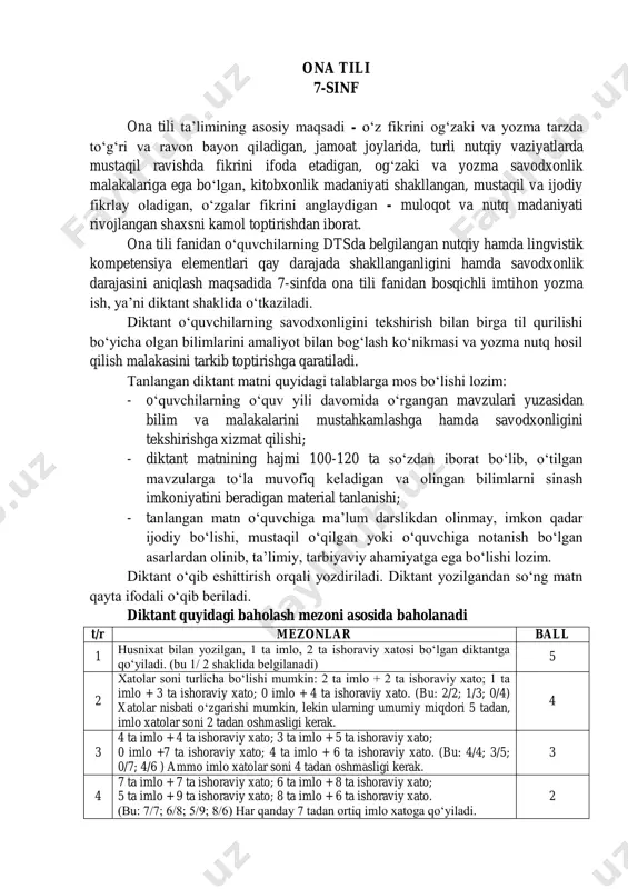 ning soni 5 ta yoki undan ko‘p bo‘lsa, diktant bahosi o‘z- o‘zidan 1 ballga pasaytirilib qo‘yiladi. bunday holatda, masalan, “4” baho “3” bahoga tushuriladi. agar ishoraviy xatoliklar umuman bo‘lmay, faqat 4, 5 ta imloda xato bo‘lsa, “3” baho qo‘yiladi. ona tili 7-sinf diktant uchun matnlar o‘zbekiston tabiati o‘zbekiston tabiatining so‘limligi, geografik jihatdan qulay joylashgani, hayvonot dunyosining xilma-xilligi bilan boshqa mamlakatlardan ajralib turadi. vatanimiz hududidan osiyoning asosiy daryolaridan bo‘lgan amudaryo va sirdaryo oqib o‘tadi. yurtimiz shimolida esa tyan-shan va pomir-oloy tog‘lari yastanib yotibdi. bundan tashqari, o‘zbekistonda jahonning eng yirik cho‘llaridan biri bo‘lgan qizilqum cho‘li hamda orol dengizi mavjud. yurtimizni qushlarning sevimli maskani deyish ham mumkin. chunki vatanimizda yashaydigan 688 turdagi hayvonlarning 441 tasi qushlardir. ammo odamlarning tabiat muhofazasiga beparvolik qilgani, o‘simliklarni payhon qilib, hayvonlarni ovlagani tufayli oxirgi 100 yil ichida yurtimizdagi noyob jonzotlar keskin kamayib ketdi. ayniqsa, turon yo‘lbarsi, gepard, qulon, orol sulaymonbalig‘i kabi jonivorlar butunlay yo‘q bo‘lib ketgani judayam achinarli. …