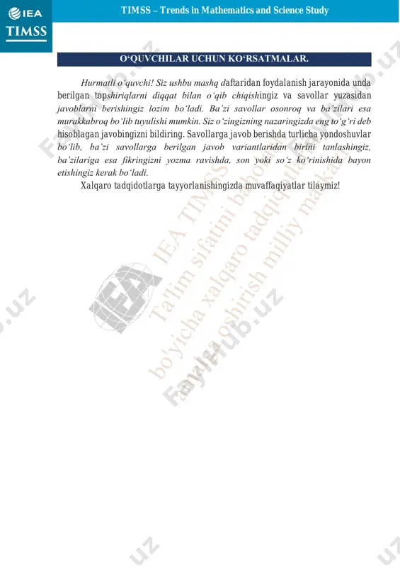 an qancha buyurtma qilishi kerak? a) 120 b) 480 c) 600 d) 720 11-topshiriq 12-topshiriq 13-topshiriq timss – trends in mathematics and science study ma’lumotlarni talqin qilish mavzusiga doir misollar quyidagi ma’lumotlar qatorlaridan o‘zgarish kengligi eng kichik bo‘lgan va o‘rta arifmetik qiymati eng katta bo‘lganini toping. aynan qaysi? a) 6 8 12 23 46 b) 6 8 12 28 46 c) 6 8 12 23 51 d) 6 8 12 18 51 400 ta o‘quvchi maktabni tugatmoqda. ulardan 50 nafar bitirivchi universitetga, 100 nafari politexnika kasb-hunar kollejiga, 150 nafari biznes kasb- hunar kollejiga kirishni, qolganlari esa ishga kirishni rejalashtirmoqda. o‘quvchilarning taqsimlanishini ularning tanlovlariga mos doiraviy diagrammani yasang. diagrammadagi har bir sektorni belgilang. 14-topshiriq 15-topshiriq timss – trends in mathematics and science study 7-8-sinflarda matematika fanidan o‘quvchilarning olgan bilimini qo‘llashga yo‘naltirilgan timss test topshiriqlari javoblari 7-8-sinflar topshiriq № javobi 1 16 2 350 3 a 4 120-x2 5 b 6 d …