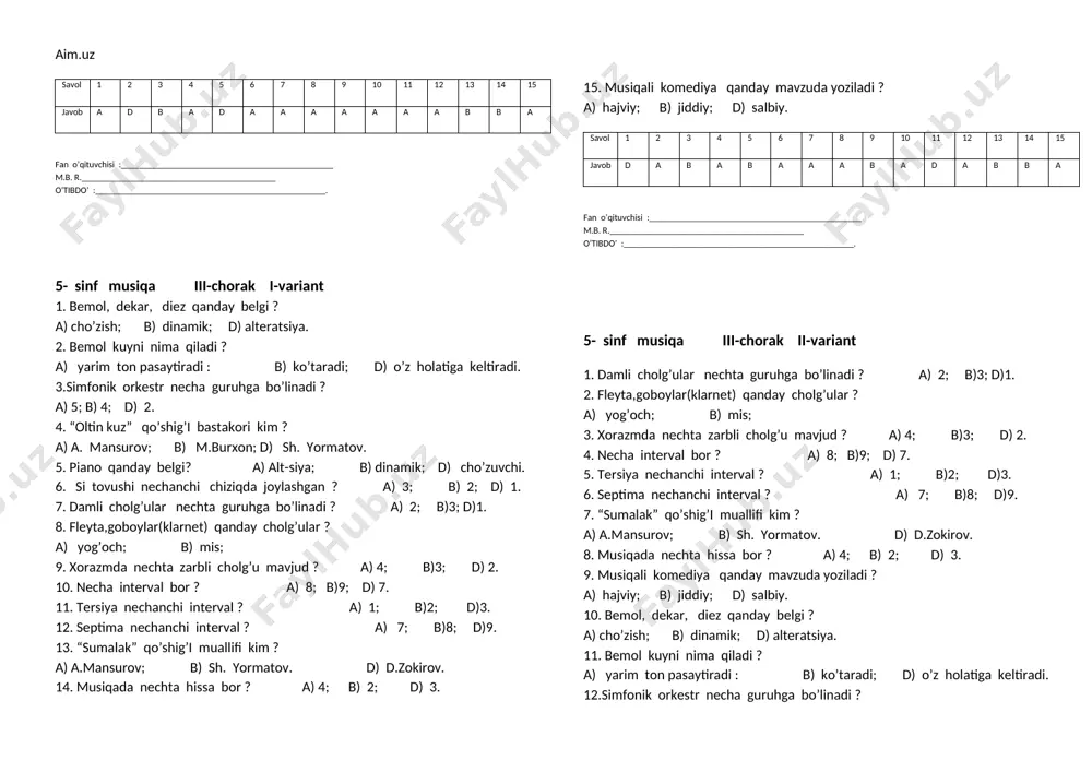 d a fan o’qituvchisi :_______________________________________________ m.b. r.___________________________________________ o’tibdo’ :___________________________________________________. 5- sinf musiqa fani ii-chorak ii-variant. 1. butun nota nechaga sanaladi ? a) 4i; b) 2i; d) 3i. 2. nim chorak nechaga sanaladi ? a) 4i; b) 2i; d) 1 yoki i. 3. torli-kamonli cholg’ularga nimalar kiradi ? a) doira; b) g’ijjak; d) dutor. 4. g’ijjakda nechta tor mavjud? a) 4; b) 5; d) 2. 5. g’ijjak nima bilan chalinadi ? a) cho’p; b) nohin; d) kamon. 6. pioninoda nechta oktava bor ? a) 9; b)8; d)5. 7. oktavada nechta yarim ton bor ? a) 2; b)4; d) 3. 8.sol nechanchi chiziqda ? a) 4; b)2; d) 3. 9. majoz radi qanday xarakterga ega ? a) sho’x; xush kayfiyat; b) mayin, mungli; d) xazin , sho’z. 10. “hur respublikam” qo’shig’i bastakori kim ? a) d. zokirov; b) m.burxon; d) avaz mansurov. 11. cholg’ularsiz aytilgan xorga nima deyiladi ? a) a’kapella; b) …