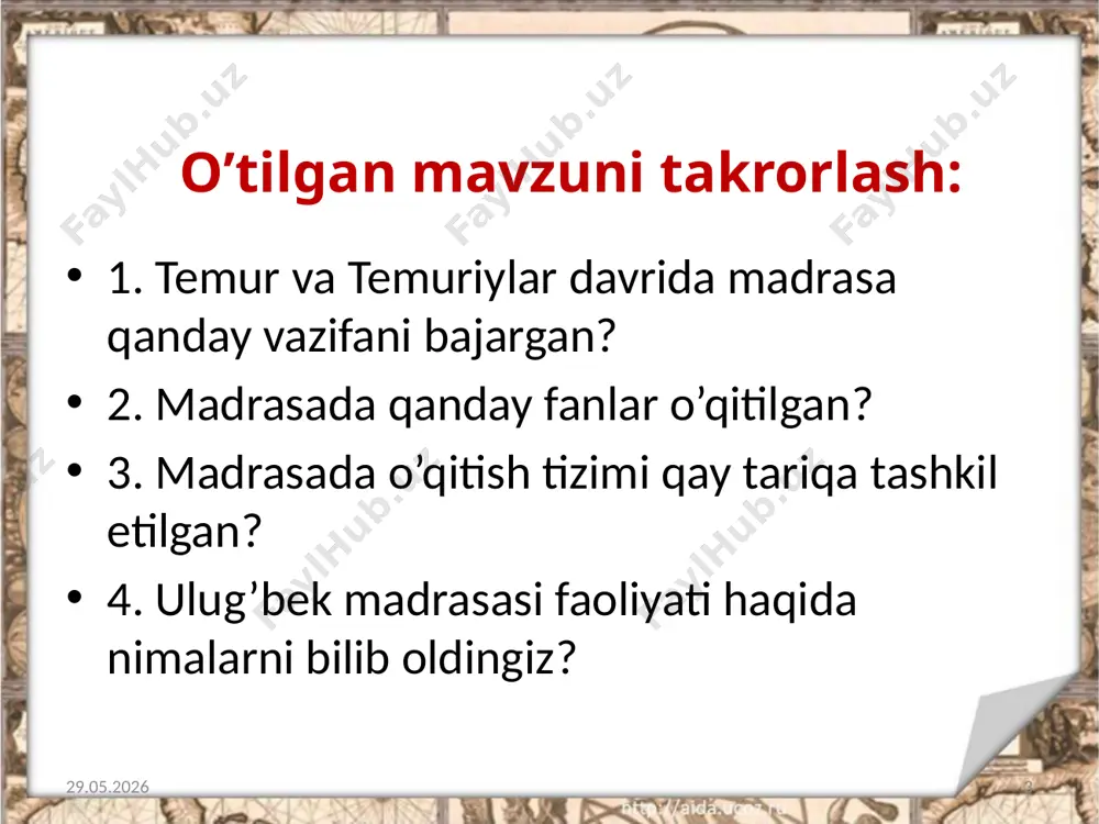 o‘lchashni buyurdi va astronomiyaga oid jadvallarni tuzishda ishtirok etdi”, – deb yozgan edi. volter mavzuga oid atamalar: * akademiya – oliy ilmiy tashkilot * rasadxona (observatoriya) – osmon jismlari tadqiqoti uchun maxsus jihozlangan ilmiy muassasa va shu muassasa joylashgan bino * sekstant – osmon yoritqichlarining balandligini belgilash uchun mo’ljallangan ko’zgu – qaytargichli asbob 23.04.2020 20 yangi mavzuni mustahkamlash: 1. ayting-chi, xv asrda qaysi shaharlar ilm-fan markazlari edi? buning sababi nimada edi? 2. ulug‘bekning ilm-fanni rivojlantirishga qo‘shgan hissasi haqida nimalarni bilib oldingiz? 3. ulug‘bek rasadxonasi va uning ilmiy faoliyati haqida gapirib bering. 4. “ziji jadidi ko‘ragoniy” asarining ahamiyati nimadan iborat edi? 5. aniq fanlarning rivoji qanday oqibatga olib kelishi mumkin edi? 23.04.2020 21 uyga vazifa: jadvalni to’ldiring. ulug’bek o’tmishdoshlaridan kimlarni asarlarini o’rgangan ulug’bek rasadxonasida qaysi olimlar ilmiy kuzatishlar olib borishgan ulug’bekning qaysi asarlari haqida batafsil bilib oldingiz 23.04.2020 22 image2.jpeg image3.jpeg image4.jpeg image5.jpeg image6.jpeg image7.jpeg image8.png image9.jpeg image10.jpeg image11.jpeg image12.jpeg image13.jpeg …