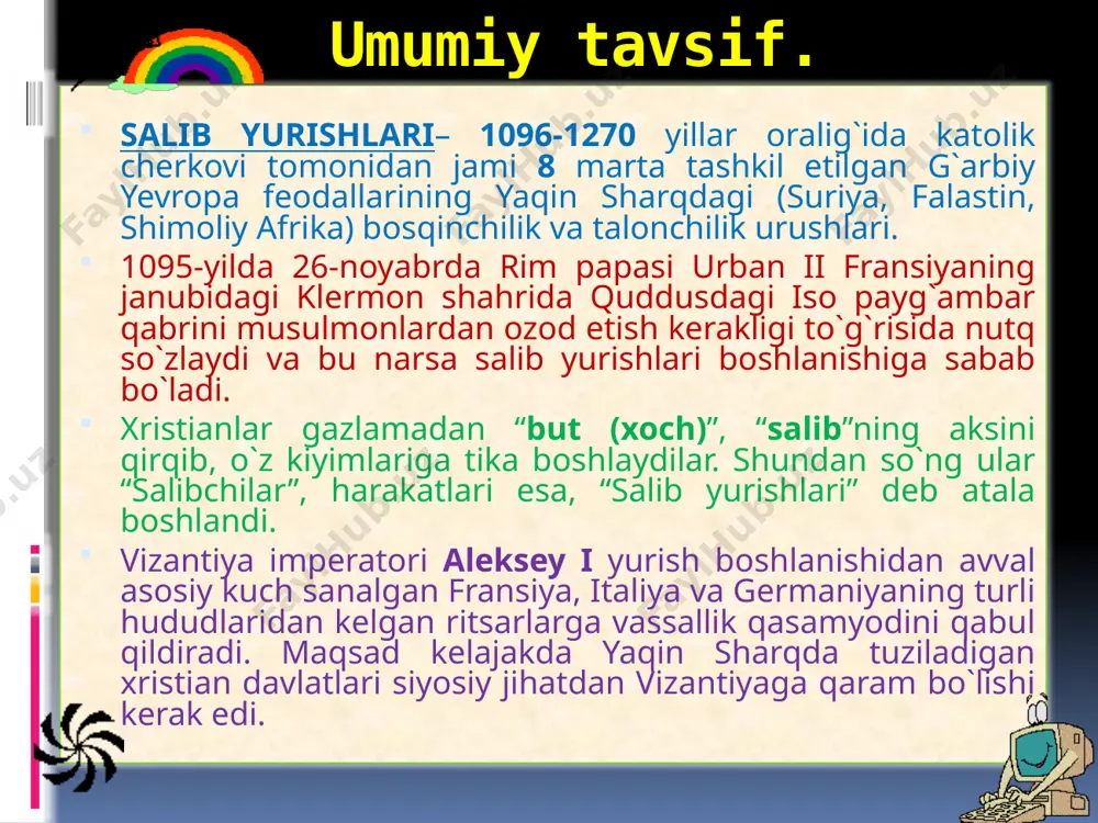 ib yurishlarida qatnashish orqali o‘zlarining og‘ir hayotidan qutulib, sharqda mulkka va baxtli hayotga erishishga umid qilganlar. salibchilarning asosan ko'pchiligini ritsarlar tashkil etib, ular ko'pincha boy bo‘lmagan xonadonlardan edilar. oilaning kichik o‘g‘illari, mayorat tizimi bo‘lganidan, ya’ni meros katta o‘g‘ilga qoldirilgani sababli, ota-onalari merosining katta qismiga umid qilmasalar ham bo‘lardi.bu holatdagi ritsarlar o'zlariga shon-shuhrat va boylik istab yo'lga chiqqanlar. gersoglar, graflar va, hatto, ayrim qirollar hamda imperatorlar ham sharqqa jo‘naydilar. ular o'zlariga yangi hududlar va fuqarolarni bo'ysundirishni maqsad qilganlar. qolaversa, salib yurishlaridagi ishtiroki ularga nisbatan hurmat-e’tiborni oshirardi. qo'shin bilan savdogarlar ham yo'lga chiqib, ular sharq mollari bilan savdo qilish orqali tez boyib ketishni orzu qilganlar. salib yurishi ishtirokchilari faqat foydani o'ylagan desak xato bo'ladi. moddiy manfaat ularda “payg'ambar qabri”ni musulmonlardan xalos etish muqaddas ish ekanligiga ishonch bilan mujassamlashgan. salib yurishi ishtirokchilari salibchilarning quddusni qamal qilishi diniy ritsarlar ordenlari. dastlabki diniy-ritsarlik ordeni gospitalyerlar ordeni bo'lgan. quddusda salib yurishlari boshlanmasidan oldin avliyo ioann iyerusalimskiy …
