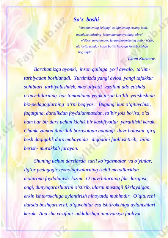 xirida e’lon qilinadi. darsning maqsad va vazifalari maqsadlar: a) ta’limiy: o’quvchilarning uy hayvonlari, parrandalar haqidagi ko’nikmalarini takomillashtirish, so’z boyliklarini oshirish, xotirasini o’tkirlashtirish. b) tarbiyaviy: hayvon va parrandalarga g’amxo’r bo’lishga, ularni parvarishlashga o’rgatish. c) rivojlantiruvchi: o’quvchilarning uy hayvonlari, parrandalar haqidagi malakalarni rivojlantirish, hayvonlar haqidagi bilimlarini boyitish. kutillayotgan natija: dars oxirida o’quvchilar uy hayvonlari va parrandalari, ularning turlari, ahamiyati haqida tushunchaga ega bo’ladilar. dars jarayoni va texnalogiyasi ishning nomi bajaririlgan ish mazmuni metod vaqt i. tashkiliy qism salomlashish, navbatchilar axborotini tinglash, sinfning darsga tayyorligini tekshirish dars davomida rioya qilish lozim bo’lgan qoyidalarni belgilash, dars shiorini ishlab chiqish. suhbat munozara 4 daqiqa ii. mustahkamlash o’tilgan mavzuni mustahkamlash bo’yicha savol-javob tashkil etish suhbat 7 daqiqa iii. yangi mavzu bayoni multimedia orqali namoyish etish 1. topishmoq orqali yangi mavzuga kirish. 2. uy hayvonlari va parrandalari bilan tanishtirish. 3. uy hayvonlari parrandalarning ahamiyatini aytib berish 4. dam olish daqiqasi: “jo’jalarim” 5. darslik bilan ishlash 6. hayotiy …