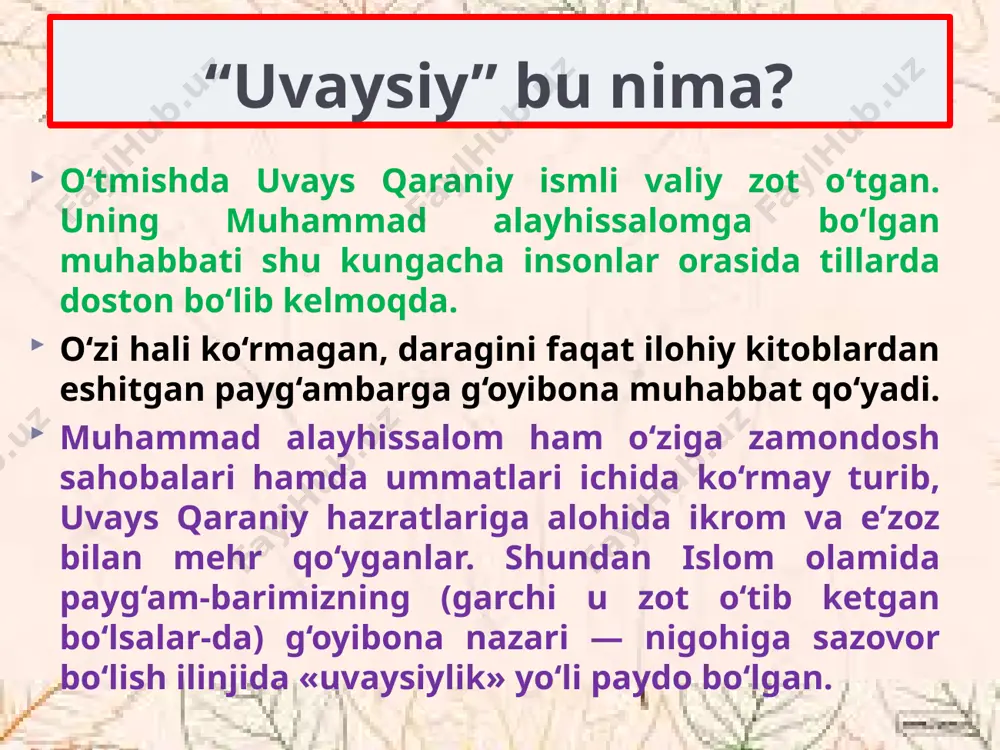 m vafo ahlin, barchadin yumib ko‘zni muddao uvaysiyman. uz diling taalluqdin, band qil xudo sori, to degil kecha-kunduz: «mosivo uvaysiyman!» kechalar fig‘onimdin tinmadi kavokiblar, arz to samo uzra mojaro uvaysiyman…. shoira nima uchun barchadan ko‘zni yumibgina muddaoga yetishini aytmoqda? dunyodan uzilib, dilni xudo sari band qil deganida nimani nazarda tutgan: tarki dunyo qilishnimi yoki mol-dunyoga berilib, butunlay xudoni, iymon va vijdonni unutmaslik ma’nosinimi? ilohiy ishqda o‘rtanayotgan oshiqning kechinmalari nima uchun yer-u ko‘kni larzaga soladi? o`ylab ko`ring! sog‘indim bukun, ey do‘stlar, farzandi jononimni sog‘indim, gado bo‘lsam ne ayb, ul shohi davronimni sog‘indim. musofirman, g‘aribman, bekas-u ham benavodurman, vujudim dardga to‘ldi, emdi darmonimni sog‘indim… g‘azaldagi «gado», «shohi davron» timsollari shoiraning intizorlik tuyg‘ularini ifodalashga qay daraja xizmat qiladi? shoiraning oddiygina askar o‘g‘lini «davlatli sultonim» deb atashi sababini qanday izohlaysiz? o`ylab ko`ring! chistonlar ul na gumbazdir, eshigi, tuynugidin yo‘q nishon, necha gulgunpo‘sh qizlar manzil aylabdur makon. sindurub gumbazni, qizlar holidin olsam xabar, yuzlarig‘a parda …