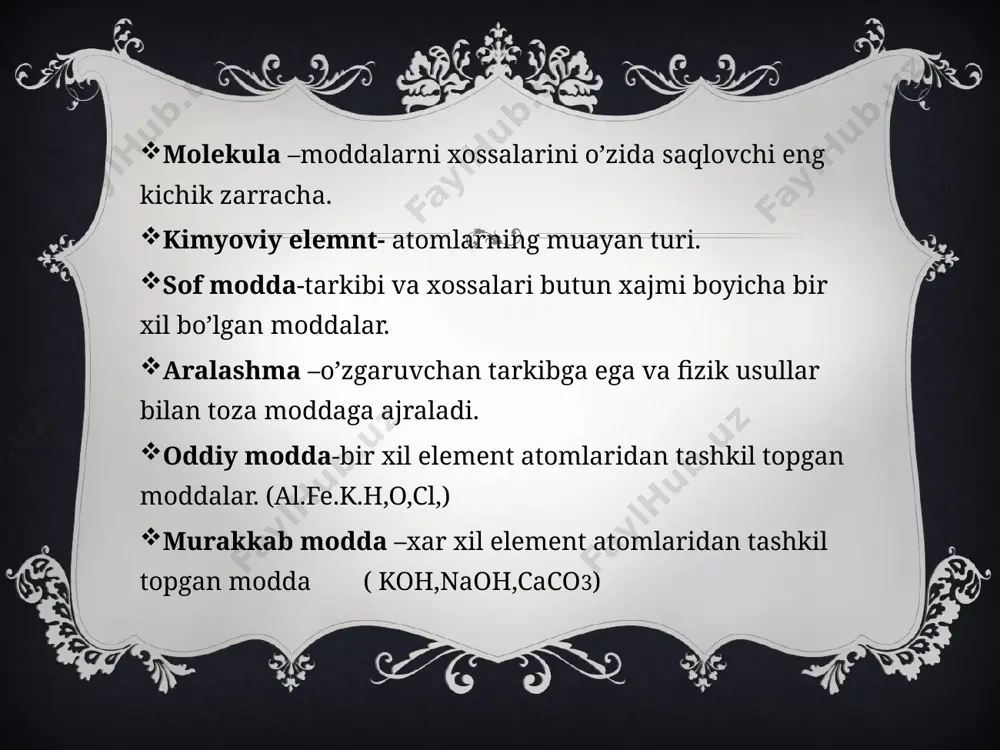 eb atadi. kimyoviy belgisi- h valentligi - 1 atom massasi -1 vodorod –rangsiz,hidsiz,ta’msiz gaz.suvda yomon eriydi.nikel, palladiy,platinada yaxshi eriydi.-252,6cda qaynaydi;-259,1c da tiniq kristal xoliga otadi. amiyak sintezi, gidrogenlasg, polimerlar ishlab chiqarishda,yonilg’i, qaytaruvchi,suyuq moylardan qattiq yog’lar olishda ishlatiladi. birikmalari-h2o,hcl,ch4,nh3. olinishi laboratoriyada olinishi. zn + 2hcl =zncl2 + h2 fe +h2so4 = feso4 +h2 sanoatda olinishi. 2h2o = 2h2 + o2 ch4 + h2o = co2 + h2 co + h2o = co2 + h2 kimyoviy xossasi 1.ftor bilan xona xaroratida reaksiyaga kirishadi. h2 + f2 = 2hf 2.xlor bilan yorug’likda tez krishadi. h2 + cl2 = 2hcl 3.kislorod bilan oddiy sharoitda. h2 + o2 = 2 h2o 4.yuqori xaroratda metallar bilan reaksiyaga krishadi. 2na + h2 = 2nah cuo + h2 = cu + h2o suvning xossalari suv-rangsiz,xidsiz ,tamsiz suyuqlik.suv 0c da muzleydi,100c da qaynaydi, 1000c da parchalanadi.suvning zichligi 1g/ml . kimyoviy xossasi. 2h2o =2h2 + o2 2na + 2h2o = …