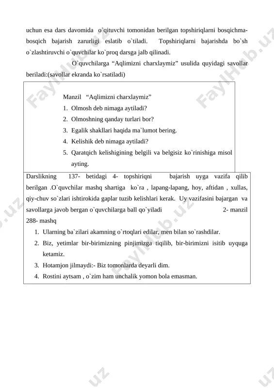 ’noda kelayotgani matnda qaysi so`z yoki gap o`rnida almashinib kelishiga qarab belgilanadi. olmoshlar so`z yasovchi qo`shimchalar qo`shib so`z yasash orqali boshqa turkumlardan yasalmaydi. olmoshlar boshqa so`zlarning yasalishiga asos bo`lishi mumkin : o`zbilarmon, o`zboshimcha, manman ; sizlamoq, sensiramoq [image: image4.emf] men + ning = mening  sen+ ning = sening  u + ga = unga  bu +da = bunda  o`sha + da +o`shanga  tig` + ga = tig`ga  timsoh + ga = timsohga  bayroq + qa + bayroqqa 291-,292 -mashqdagi gaplar o`quvchilarga tarqatma shaklida beriladi. har bir o`quvchi o`zi mustaqil ravishda so`zlardagi tovush o`zgarishlarini aniqlaydi,so`ng hammaga o`qib eshittiradi. masalan, men +ning = mening . ushbu so`zda tovush tushishi kuzatiladi. bundan tashqari,“qani, kim zukko va fidoyi ?” usulidan foydalanish mumkin.ushbu jarayonda har bir guruhga alohida topshiriqlar beriladi. o`quvchilar bergan javoblariga qarab baholanadilar.javoblar o`qituvchi tomonidan to`ldiriladi. o`quvchilar bilan “yangisidan bor” usuli qo`llanadi. bunda turli jurnallardan qirqib olingan …