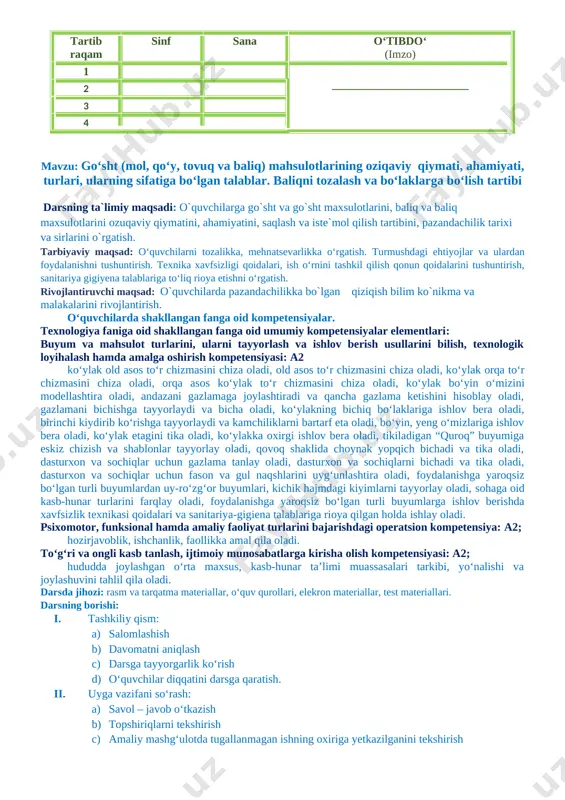 ing tanasi va uning qismi. go‘sht mahsulotlariga qoramol, cho‘chqa, qo‘y va echki, uy parrandalari va ovlanadigan parrandalar, quyon, bug‘u go‘shtlari kiradi. go‘sht –muskul to‘qimalaridan, yog‘ to‘qimalaridan, biriktiruvchi to‘qimalardan va suyak to‘qimalaridan iborat. go‘shtning oziqaviy qiymati. go‘shtning oziqaviy qiymati uning kimyoviy tarkibiga, ya’ni ushbu to‘qimalardagi oqsil, yog‘, uglevodlar, mineral moddalar va vitaminlar (a, b, d) ning miqdori va sifatiga bog‘liq bo‘ladi. oqsillar eng to‘yimli modda hisoblanadi. mol go‘shtida o‘rtacha 16–18% oqsil moddasi bo‘ladi. go‘shtdagi juda qimmatli oqsilning ko‘pi muskul to‘qimasida, pastroq qiymatli oqsillar esa biriktiruvchi va suyak to‘qimalarida joylashgan bo‘ladi. go‘shtning kaloriyasini oshiruvchi yog‘ ham to‘yimli qiymatga ega. yog‘lar joylashishiga qarab teri osti yog‘lari, muskul to‘qimalari orasidagi yog‘lar va charvi yog‘larga ajratiladi. teri osti va muskul to‘qimalari orasidagi yog‘lar eng sifatli yog‘lardir. chunki bu yog‘lar nisbatan past haroratda eriydi va unda charvi yog‘iga qaraganda biriktiruvchi to‘qimalar kam bo‘ladi. turli hayvon yog‘ining to‘yimlilik qiymati turlicha. masalan, cho‘chqa, tovuq va g‘oz yog‘larining erish …