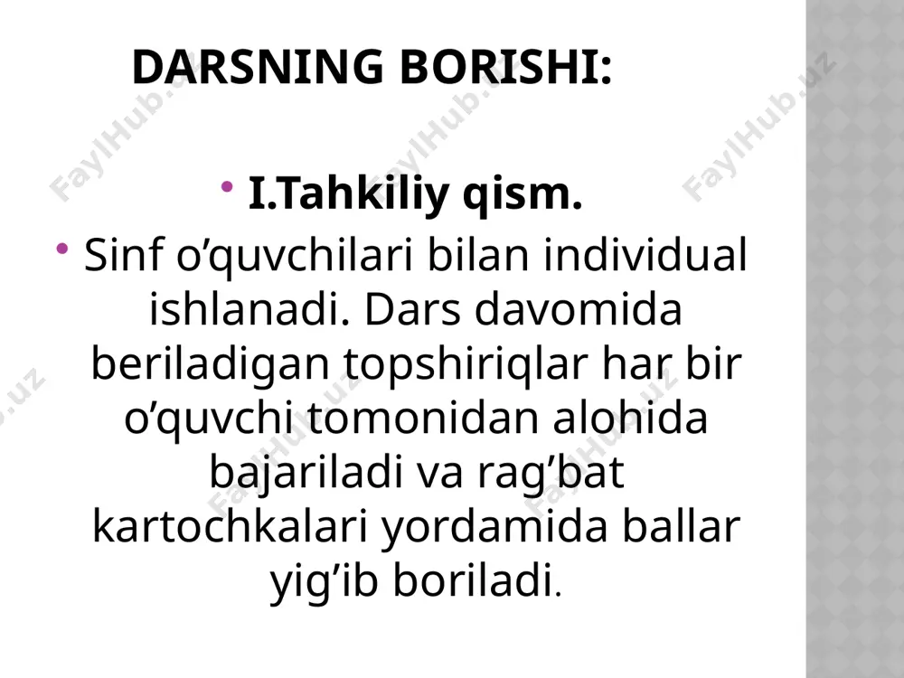 zlar kiradi: yangi mavzuning bayoni ot turkumiga oid: old, o’rta, yon, orqa, ket, ich, ust, tepa, ost, tag, ora, bosh, o’rin, qosh, yoqa, ro’para, tomon, tashqari, bo’yi, chamasi, holda, yo’sinda; ravish turkumiga oid: oldin, avval, so’ng, keyin, burun, ilgari, beri, buyon, asosan, binoan; fe’l turkumiga oid: atab, qarab, qaraganda, ko’ra, tortib, degan, deya, deb, deydigan, osha, bo’ylab, yarasha, qaramasdan, qaramay, qarata; sifat turkumiga oid: sababli, qarashli, chog’li, doir, muvofiq, o’zga, boshqa. yangi mavzuni mustahkamlash. yangi mavzu “farqlab oling” o’yin usuli orqali mustahkamlanadi. bunda o’quvchilarga ich, o’rta, qarab, ust,tomon so’zlari ishtirokidagi gaplar yozilgan tarqatmalar beriladi. ular yuqorida keltirilgan so’zlar qaysi o’rinlarda vazifadosh ko’makchi,qaysi o’rinlarda mustaqil so’z vazifasida kelayotganlarini farqlashi kerak bo’ladi. to’g’ri javoblar uy ichi ajoyib gullar bilan bezatilgan edi. gulom bu fikrga qarshi ekanini gap ichida aytib o’tdi. sayyora 5-o’rta ta’lim maktabida o’qiydi. tashqi ko’rinishimga qarab baho bermang. salim shifoxonaga qarab keta boshladi. kitob stol ustida turibdi. gap qotillik ustida …