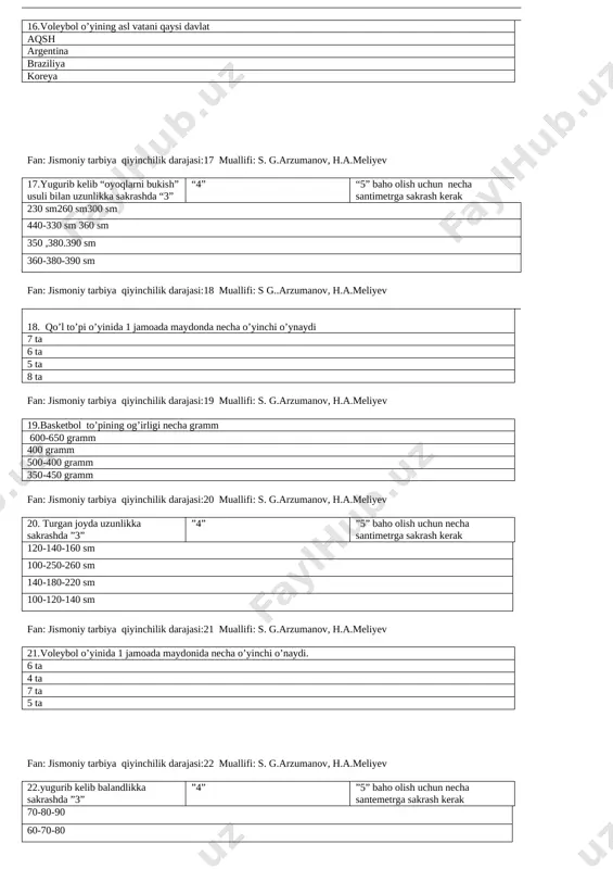 maydonda necha o’yinchi o’ynaydi 7 ta 6 ta 5 ta 8 ta fan: jismoniy tarbiya qiyinchilik darajasi:19 muallifi: s. g.arzumanov, h.a.meliyev 19.basketbol to’pining og’irligi necha gramm 600-650 gramm 400 gramm 500-400 gramm 350-450 gramm fan: jismoniy tarbiya qiyinchilik darajasi:20 muallifi: s. g.arzumanov, h.a.meliyev 20. turgan joyda uzunlikka sakrashda ”3” ”4” ”5” baho olish uchun necha santimetrga sakrash kerak 120-140-160 sm 100-250-260 sm 140-180-220 sm 100-120-140 sm fan: jismoniy tarbiya qiyinchilik darajasi:21 muallifi: s. g.arzumanov, h.a.meliyev 21.voleybol o’yinida 1 jamoada maydonida necha o’yinchi o’naydi. 6 ta 4 ta 7 ta 5 ta fan: jismoniy tarbiya qiyinchilik darajasi:22 muallifi: s. g.arzumanov, h.a.meliyev 22.yugurib kelib balandlikka sakrashda ”3” ”4” ”5” baho olish uchun necha santemetrga sakrash kerak 70-80-90 60-70-80 60-80-100 55-66-77 fan: jismoniy tarbiya qiyinchilik darajasi:23 muallifi: s. g.arzumanov, h.a.meliyev 23futbol o’yinida 1 jamoada necha o’yinchi o’naydi 11 ta 9 ta 10 ta 12 ta fan: jismoniy tarbiya qiyinchilik darajasi:24 muallifi: s. g.arzumanov, …