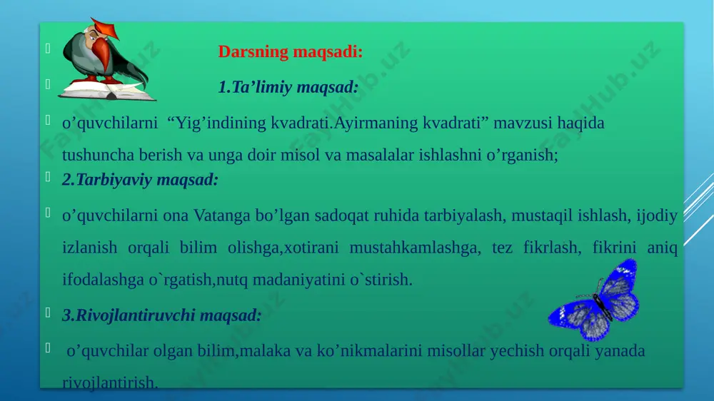 (4) formulalar , mos ravishda,yig’indining kubi va ayirmaning kubi formulalari deb ataladi.bular ham qisqa ko’paytirish formulalari hisoblanadi. ayirmaning kubi endi mavzuga doir misollar guruh a’zolari tomonidan doskada musobaqa tarzida bajariladi: 1) (c+d)2=c2+2cd+d2 2) (2+x)2=4+4x+x2 3) (y+3)2=y2+6y+9 4) (x+1)2=x2+2x+1 5) (m-2)2=m2-4m+4 6) (7-m)2=49-14m+m2 7) (x-3)2=x2-6x+9 8)(y-6)2=y2-12y+36 9) (a+2)3=a3+6a2+12a+8 10) (x-3)3=x3-9x2+27x-27 11)(c+1)3=c3+3c2+3c+1 12) (y-1)3=y3-3y2+3y-1 iv.darsni mustahkamlash: darsni mustahkamlash qismida “zinama-zina” metodidan foydalaniladi.sinfdagi har bir guruhga qog’ozning chap qismida kichik mavzu yozuvi bo’lgan varaqlar tarqatiladi. 1-mavzu: “yig’indining kvadrati” 2-mavzu: “ayirmaning kvadrati” 3-mavzu: “yig’indining kubi” 4-mavzu: “ayirmaning kubi” ? guruh a’zolariga tarqatma materialda yozilgan kichik mavzular bilan tanishishlarini va shu mavzu asosida bilganlarini flomaster yordamida qog’ozdagi bo’sh joyga jamoa bilan birgalikda fikrlashib yozib chiqish vazifasini beriladi va vaqt belgilanadi. guruh a’zolari birgalikda tarqatma materialda berilgan kichik mavzuni yozma ko’rinishda ifoda etadilar.bunda guruh a’zolari kichik mavzu bo’yicha imkon boricha to’laroq ma’lumot berishlari kerakligi aytiladi. tarqatma materiallar to’ldirilgach, guruh a’zolaridan bir kishi taqdimot qiladi. taqdimot vaqtida …