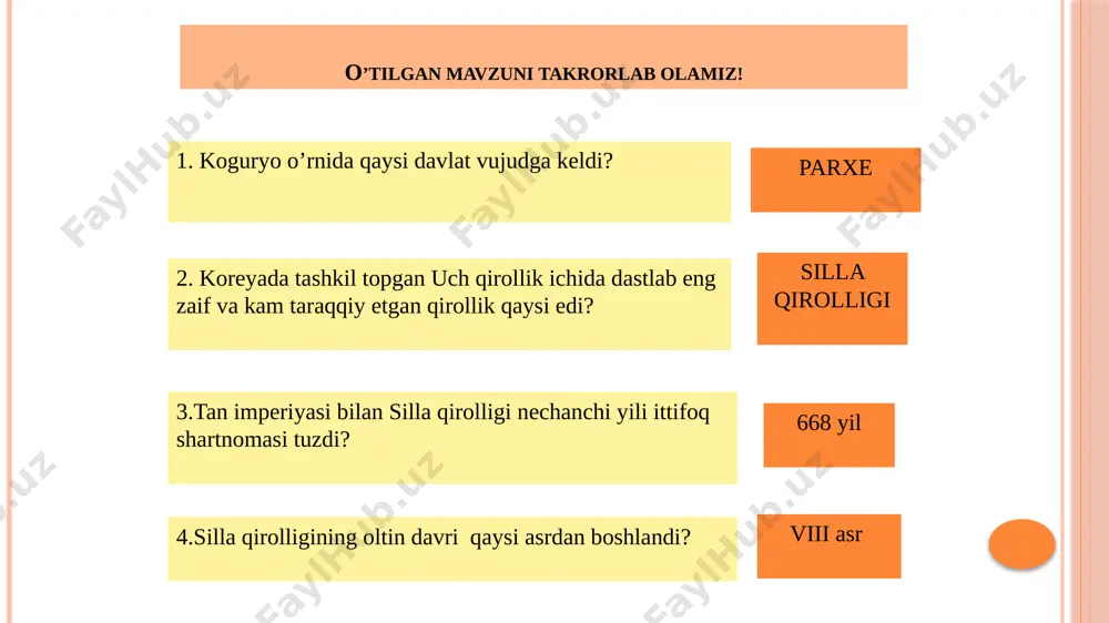 ron samarqandga ko‘plab hind hunarmandlari, me’morlarini olib qaytadi. shundan so‘ng hindiston mayda knyazliklarga bo‘linib ketadi. yodda tuting tarixiy shaxslar tarixiy sanalar qutbiddin oyboq 1206-yil shamsiddin eltutmish (1206–1526) alouddin xiljiy (1211–1236) muhammad tug‘luq 1325-yil feruzshoh tug‘luq 1398–1399-yillar bahlul lo‘diy (1414–1451) ibrohim lo‘diy (1451–1489) zahiriddin muhammad bobur e’tiboringiz uchun raxmat! image2.jpeg image3.jpeg image4.jpeg image5.jpeg image6.jpeg image7.jpeg image8.jpeg image9.jpeg image10.jpeg image11.jpeg image12.jpeg image13.jpeg image14.jpeg image15.jpeg image16.jpeg image17.jpeg image18.jpeg image19.jpeg image20.jpeg
