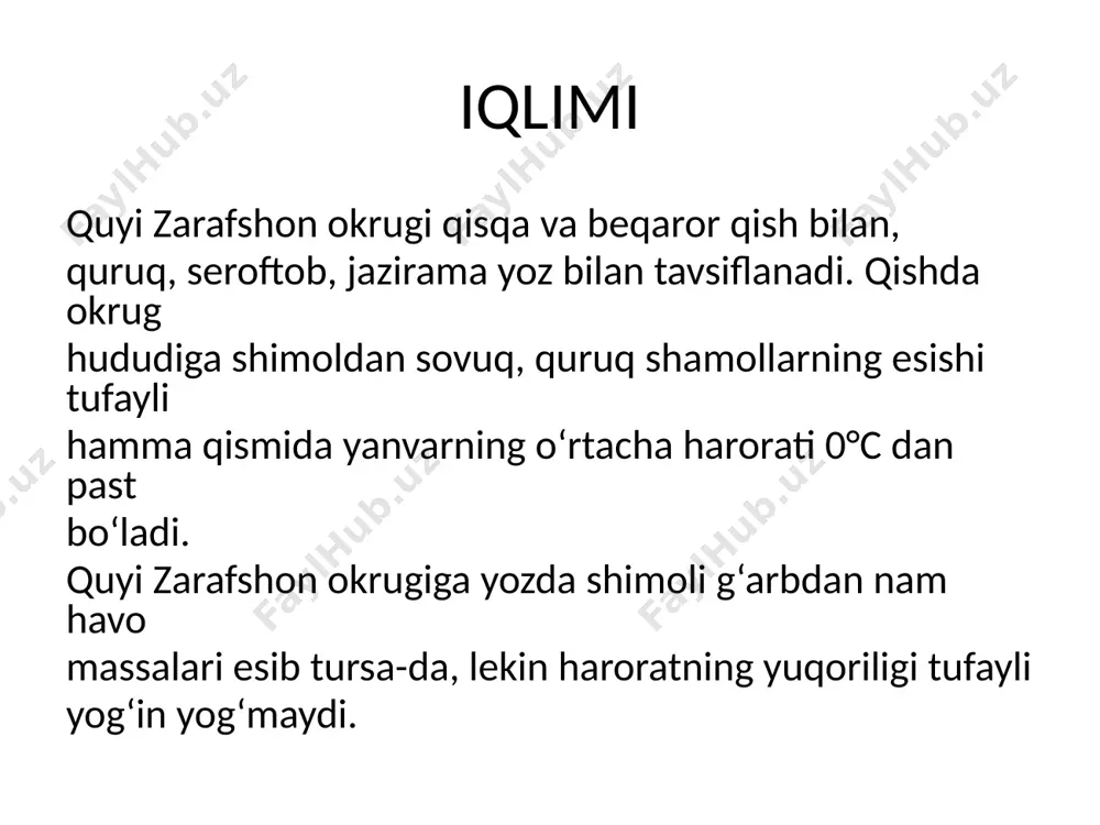 omillar ta’sirida to‘qayzorlar maydoni kamayib ketmoqda. shu sababli ayrim joylarda qo‘riqlanadigan to‘qayzorlar tashkil etish zarur. hayvonot dunyosi quyi zarafshon okrugi hayvonlari cho‘lga xos bo‘lgan vakillar bilan tavsiflanib, jazirama, quruq, seroftob yozga moslashgan. okrugda kalamush, yumronqoziq, qo‘shoyoq, kaltakesak, echkemar va ilonlar uchraydi. shuningdek, cho‘l qismida tulki, bo‘ri, jayron, tirratikan, jayra, bo‘rsiq, to‘qaylarda chiyabo‘ri, to‘ng‘iz, to‘qay mushugi, qirg‘ovul kabilar yashaydi. to‘dako‘l, quyimozor kabi suv havzalari hamda ko‘llarda o‘rdak, g‘oz va baliqlar yashaydi. okrugning cho‘l qismida hasharotlardan qoraqurt va falanga uchraydi. quyi zarafshonda kamayib ketayotgan ayrim hayvonlarni muhofaza qilib, ko‘paytirish uchun „jayron ekomarkazi“ parvarishxonasi tashkil etilgan. bu yerda xalqaro „qizil kitob“ga kirgan jayronlar muhofaza etiladi. mustahkamlash uchun savollar nima sababdan quyi zarafshon okrugi eng issiq hududlardan biri hisoblanadi va uning xo‘jalikdagi ahamiyati qanday? 2. qaysi havo massasi yog‘in olib keladi va ular fasllar bo‘yicha qanday taqsimlangan? 3. amu-buxoro kanali nima uchun qurildi, uning ahamiyati nimalardan iborat? 4. okrug hududida yerosti suvlarining qanday turlari …