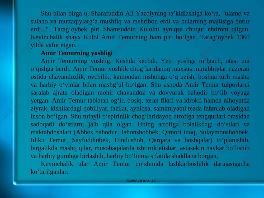 yalov — bayroq tortiq qiladi. shubhasiz bu voqea katta siyosiy ahamiyatga ega edi. chunki u saltanatlik ramzi edi. amir temur buni yaxshi tushunardi. shuning uchun ham balxga yetmasdan oʻrpuz mavzeida u amir va noʻyonlari bilan kengash oʻtkazadi. koʻpchilikning xohish va ixtiyori bilan, oʻsha davr qonun-qoidalariga koʻra, chingiziylar avlodidan boʻlgan suyurgʻatmish oʻgʻlon movarounnahr podsholigi taxtiga oʻtqazildi. amir temur qoʻshini to balxga yetib borgunicha, unga yoʻl-yoʻlakay yangi-yangi kuchlar kelib qoʻshildi. shu asnoda amir husaynni koʻpchilik amirlari tark etdilar. jangda amir husayn qoʻshinlari yengildi, ikki kunlik qamaldan soʻng , 1370 yilning 10 apr.da balx sh. amir temurga taslim boʻldi. amir husayn asir olinib, qatl etildi. www.arxiv.uz www.arxiv.uz oq oʻrda bilan jang temurning oltin oʻrdaga qarshi 1391 yildagi yurishi temurning oltin oʻrdaga qarshi 1395 yildagi yurishi www.arxiv.uz www.arxiv.uz amir temur movarounnahrni moʻgʻullar hukmronligidan ozod etib, bu qad. mamlakatda mustaqil davlat barpo etgan boʻlsada, hali mamlakatda barqaror tinchlik oʻrnatilgan emas edi. bir tomondan ayrim viloyat …