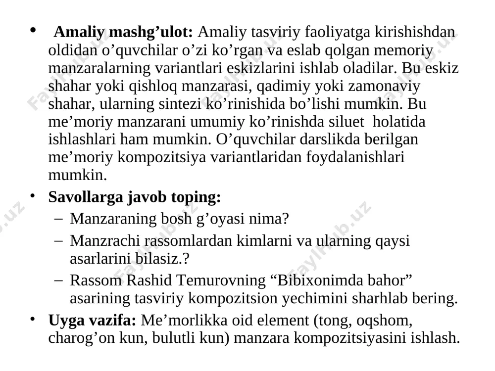larda rabotlarning turli ko’rinishlarini uchratish mumkin. sharq me’morchiligi tarixida shuhrat qozongan me’morlar (bilimingizni mustahkamlang) usta muhammad ibn mahmud isfahoniy – a. temur maqbarasi ustod baqo – buxorodagi ‘minorai kalon” muhammad yusuf – shahrisabzdagi “oq saroy” g’iyosiddin koshiy – ulug’bek madrasasi usto abdujabbor – sherdor madrasasi shamsiddin va zayniddin buxoriylar - samarqanddagi shohi –zinda ansambli