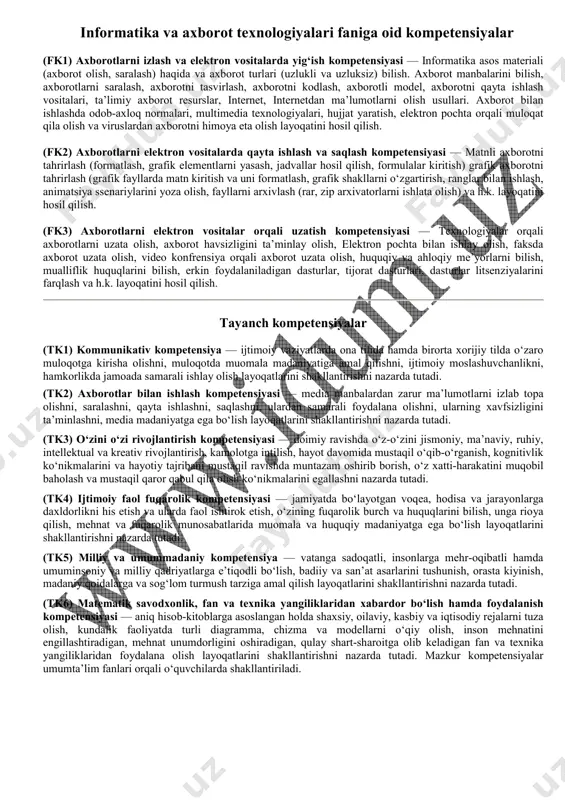 ish; – yangi mavzuni mustahkamlash; – o‘quvchilarni baholash; – uyga vazifa berish. dars ishlanmasini tayyorlashda o‘qituvchi darsning har bir qismini e’tiborga olishi maqsadga muvofiq. dars ishlanmasi (konspekt) hamma o‘qituvchida bo‘lishi shart. lekin dars ishlanmasi qanday mazmunda, hajmda va necha varaqdan iborat bo‘lishi o‘qituvchining dars o‘tishdagi o‘ziga xos yondashuvidan kelib chiqqani ma’qul. bunda hamma o‘qituvchi uchun bir xil chegara, cheklov o‘rnatib bo‘lmaydi. agarda o‘qituvchi dars berayotgan o‘quvchilarning o‘zlashtirish samaradorligi yuqori bo‘lsa, ular turli ko‘rik-tanlovlarda yuqori natijalarga erishgan bo‘lsa, o‘qituvchining dars jarayoniga maktab ma’muriyati va hududiy xalq ta’limi boshqaruvi idoralari xodimlari tomonidan halaqit berishlariga yo‘l qo‘yilmaydi. dars ishlanmasi (konspekti) qo‘lyozma shaklida yoki kompyuterda yozilishi mumkin. dars ishlanmasini kompyuterda yozish uchun esa o‘qituvchi, albatta, o‘zi kompyuterda ishlashni bilishi lozim. direktorning o‘quv-tarbiyaviy ishlar bo‘yicha o‘rinbosari har bir o‘qituvchining dars ishlanmasini ko‘rib, tasdiqlash jarayonida ularda darsga kirish uchun quyidagi eng muhim(minimum) hujjatlar bo‘lishini nazorat qiladi: – dars ishlanmasi (konspekti); – taqvim-mavzu reja; – o‘quv dasturi; …