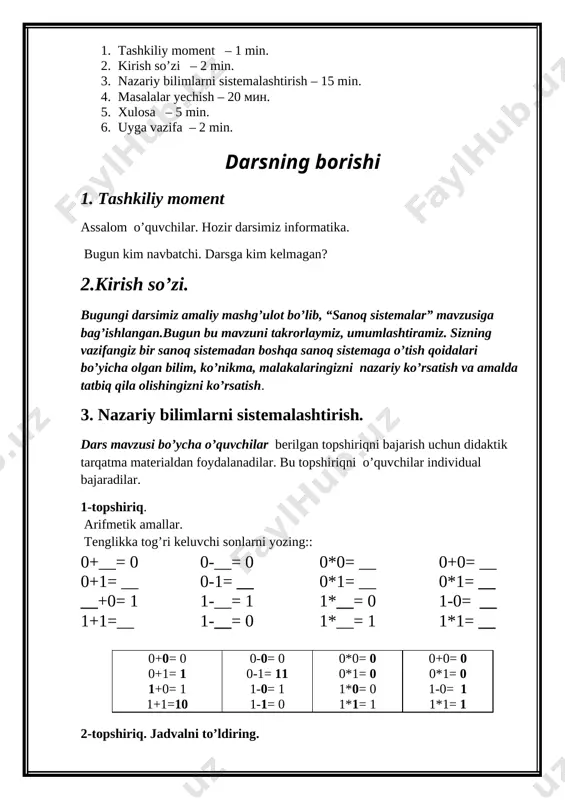riq natijasi: 1010102 = 4210 ) 7-topshiriq. amaliy mashg’ulot n = familiyasi ismi otasining ismi manzili shahar ko’cha nomi uy n belgilarni hisoblab ikkilik, sakkizlik, o’n oltilik sanoq sistemasiga o’tkazish. n10 = ?2 = ?8 = ?16 v. darsni yakunlash. refleks; · eng qiziq topshiriq qaysi bo’ldi? · sizningcha eng qiyin topshiriq qaysi? · topshiriqlarni bajarishda qanday qiyinchiliklarga duch keldingiz. · sizningcha qaysi topshiriqlar qiziqarli bo’ldi va siz yana qanday topshiriq taklif qilar edingiz? bolalar, siz bugun juda yaxshi ishladingiz va berilgan topshiriqlarni bajarishni uddaladingiz. sizning oldingizga qo’yilgan vazifani bajara oldingiz va “sanoq sistemalari” mavzusi bo’yicha bilimingizni ko’rsata oldingiz. dars davomida bajargan ishingiz uchun quyidagicha baholandingiz. yaxshi ish uchun hammaga rahmat. ofarin vi. uyga vazifa . 40 betdagi 7-masalani yechib kelish va daftardagi topshiriqlarni ko’rib chiqish. image1.png