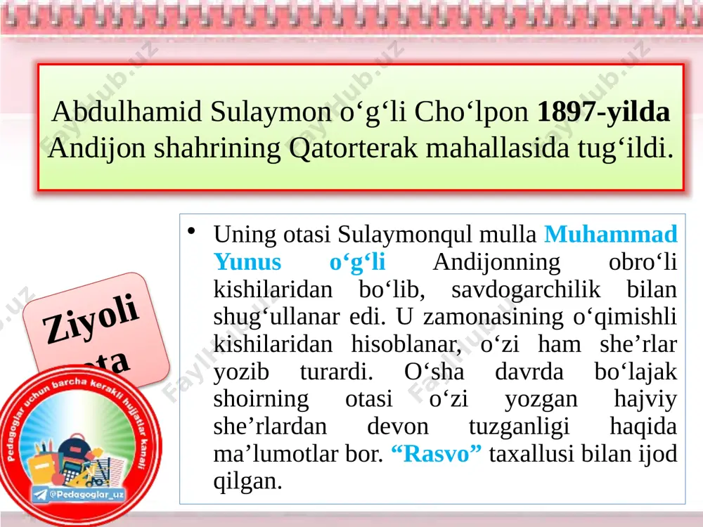 espublikasi davlat mukofoti (1991); «mustaqillik» ordeni (1999) berildi. 1997 y. cho`lponning 100 yilligi keng nishonlanib, andijonda cho‘lpon uy-muzeyi tashkil etildi; o‘zbek milliy akademik drama teatrida cho`lpon hayoti va ijtimoiy faoliyati haqida hikoya qiluvchi «kunduzsiz kechalar» (usmon azim asari) spektakli sahnalashtirildi. cho`lpon lirikasidan namunalar muhabbatning saroyi keng ekan, yo'lni yo'qotdim-ku, asrlik tosh yanglig' bu xatarlik yoida qotdim-ku. karashma dengizin ko'rdim, na nozlik to'lqini bordir, halokat boig'usin bilmay qulochni katta otdim-ku... qalandar ishqi vijdon erki ay tutqinlar, ay ezilgan, ay qiynalgan, yo'qsil ellar, ay umidsiz, ay chizilgan dor oldiga... oppoq dillar! ay bevalar, bechoralar, ay bog’langan kishanlarga. ay erk uchun ovoralar, ko'p yalinmang siz ularga!.. yong'in talanmagan, yiqilmagan yer yo'q, go'daklar nayza boshida... (xabar) nega menim qulog'imda tun va kun boyqushlarning shumli tovshi baqirar? nega rmenim borlig'imga har o'yun va har kulgi og'u separ, o't qo'yar? ko'nglim kabi yiqiq uylar, qishloqlar, boyqushlarga buzuq ko'ksin ochganmi? ota-ona, tanish-bilish, o'rtoqlar yurtni tashlab, tog' va …