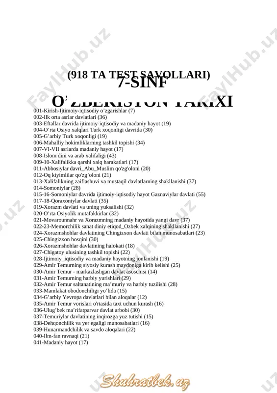 b chiqqan davrda xorazm davlatining poytaxti dastlab qayer bo’lgan? a) tuproqqal'a b) qo’yqirilganqal'a c) kat d) ellikqal'a 2. qang’ davlatidan ajralib chiqqan davrda xorazm davlatini qaysi sulola vakillari boshqara boshlaydilar? a) xioniylar b) afrig’iylar c) toxarlar d) xorazmshohlar 3. xorazmshoh afrig' qachon o'z davlatining poytaxtini kat shahriga ko'chiradi? a) 301 yilda b) 306 yilda c) 256 yilda d) 305 yilda 4. xorazmshoh afrig' zarb qilgan tanganing bir tarafiga shoh orqasiga....tasviri tushirilgan edi. a) burgut b) arslon c) suvoriy d) shohbozlochin 5. abu rayxon beruniyning yozishicha xorazmshoh unvonini dastlab qaysi sulola qabul qilganlar? a) afrig'iylar b) anushteginiylar c) siyovushlar d) ma'muniylar 6. beruniyning ma'lumotiga ko'ra xorazmshoh unvonini kim birinchi bo'lib olgan? a) xusrav b) farasman - c) saksafar - d) kayxusrav - 7. ma'lumotlarga ko'ra xorazmni quyidagi qaysi sulolalar boshqargan? a) anushteginiylar b) oltintoshlar c) afrig’iylar d) ma'muniylar e) hammasi 8. ma'lumotlarga ko'ra xorazmni ma'muniylardan keyin qaysi sulola boshqargan? a) anushteginiylar …