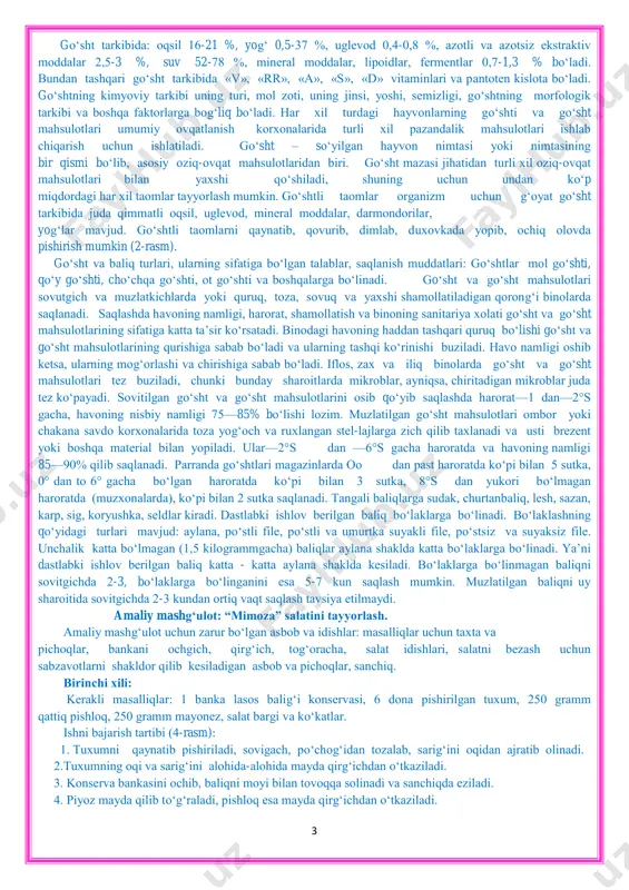 teri osti va muskul to‗qimalari orasidagi yog‗lar eng yaxshi sifatli yog‗lardir. chunki bu yog‗lar nisbatan past haroratda eriydi va unda charvi yog‗iga qaraganda biriktiruvchi to‗qimalar kam bo‗ladi. turli mollar yog‗ining to‗yimlik qiymati turlicha. masalan, cho‗chqa, tovuq va g‗oz yog‗larining erish harorati kishi tanasining haroratiga yaqin bo‗lganligi tufayli yog‗ning bu turlari yuqori haroratda eriydigan mol va qo‗y yog‗lariga qaraganda yaxshi xazm bo‗ladi. go‗shtda uglevodlar nihoyatda kam (0,5% ga yaqin). ammo ular go‗shtning etilishida muhim rol o‗ynaydi. chunki fermentlar ta‘siri ostida uglevodlar sut kislotasiga aylanib achiydi, natijada go‗shtning mazalilik xususiyatlari yaxshilanadi. go‗shtdagi mineral moddalardan kaltsiy, natriy, fosfor, temir birikmalarini aytib utish kerak. ularning miqdori 0,7 dan 1,2% gacha o‗zgarib turadi. go‗sht tarkibida suv ham ko‗p (60—73%), shuning uchun ham u tez buziluvchan mahsulotlarga kiradi. go‗shtning issiqlik holati. go‗shtlar haroratiga qarab, yangi, sovigan, sovitilgan va muzlatilgan turlarga bo‗linadi. yangi go‗sht mol so‗yilishi bilan olingan go‗shtdir. u dag‗al, mazasiz va organizmda yaxshi hazm bo‗lmaydi. …
