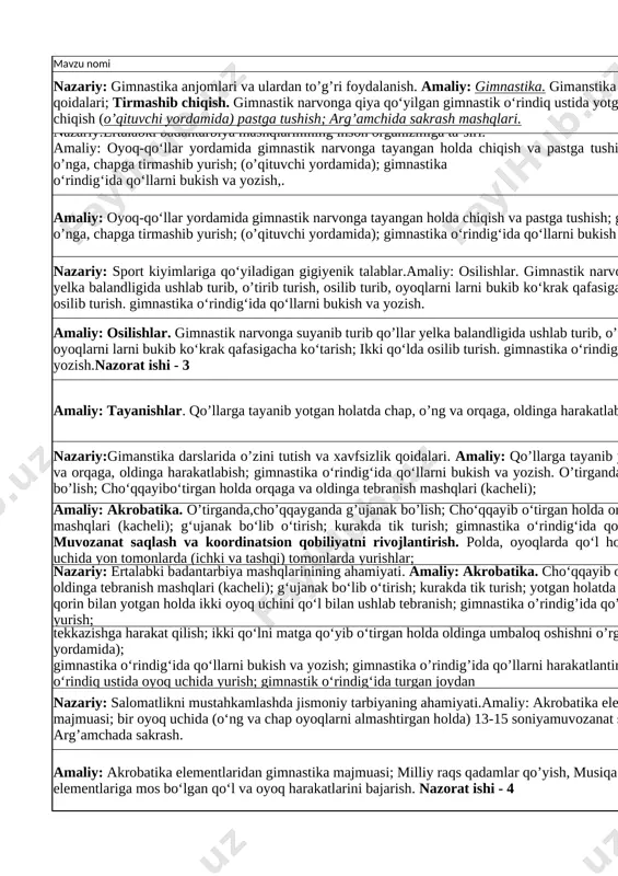 riga mos bo‘lgan qo‘l va oyoq harakatlarini bajarish. nazorat ishi - 4 o`tilgan mavzularni takrorlash 13 nazariy: harakatli o’yinlarda texnik havfsizlik qoidalari.amaliy: urm “to‘pni uzatib yugurish”, “qo‘ng‘iroqcha”, “sakra bodom chumchuqlar”, “estafetalar” harakatli o’yinlari. to‘pni uzatib yusurish” 14 amaliy: mahsus yuguruvchi mashqlar. urm “to‘pni uzatib yugurish”, “qo‘ng‘iroqcha”, “sakra bodom chumchuqlar”,“estafetalar” harakatli o’yinlari. estafetalar” harakatli o’yinlarini o`rganish 15 nazariy: harakatli o‘yin turlari va ularning qoidalari.amaliy: mahsus yuguruvchi mashqlar. “kun va tun”, “bir qatorga saflaning!”, “halqachani kiygizish”, “qopqon” harakatli o’yinlari. mahsus yuguruvchi mashqlar. bajarish 16 amaliy: mahsus yuguruvchi mashqlar. “kun va tun”, “bir qatorga saflaning!”, “halqachani kiygizish”, “qopqon” harakatli o’yinlari. bir qatorga saflanish 17 amaliy: mahsus mashqlar; “qizil bayroq”, “taqiqlangan harakat”, “to‘siqlardan oshib o‘tish”, “xo‘rozlar jangi” harakatli o’yinlari. to`siqlardam sakrash o`rganish 18 nazariy: jismoniy mashqlar bajarish vaqtida to’qri nafas olish va chiqarish.amaliy: mahsus mashqlar; “qizil bayroq”, “taqiqlangan harakat”, “to‘siqlardan oshib o‘tish”, “xo‘rozlar jangi” harakatli o’yinlari. turli o`yinlar o`ynash